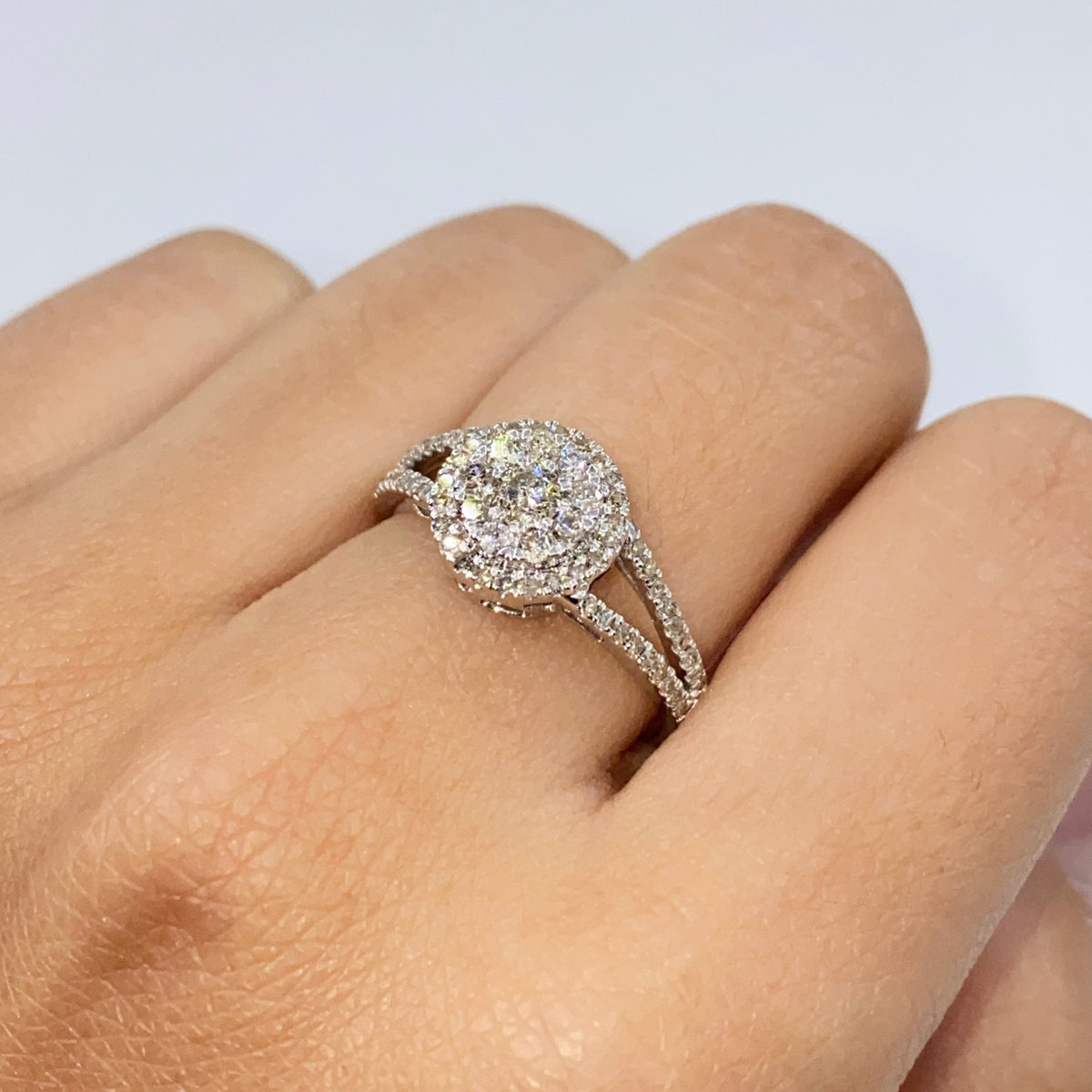 14K Gold Double Halo Circle Diamond Engagement Ring in white gold - close-up product photo