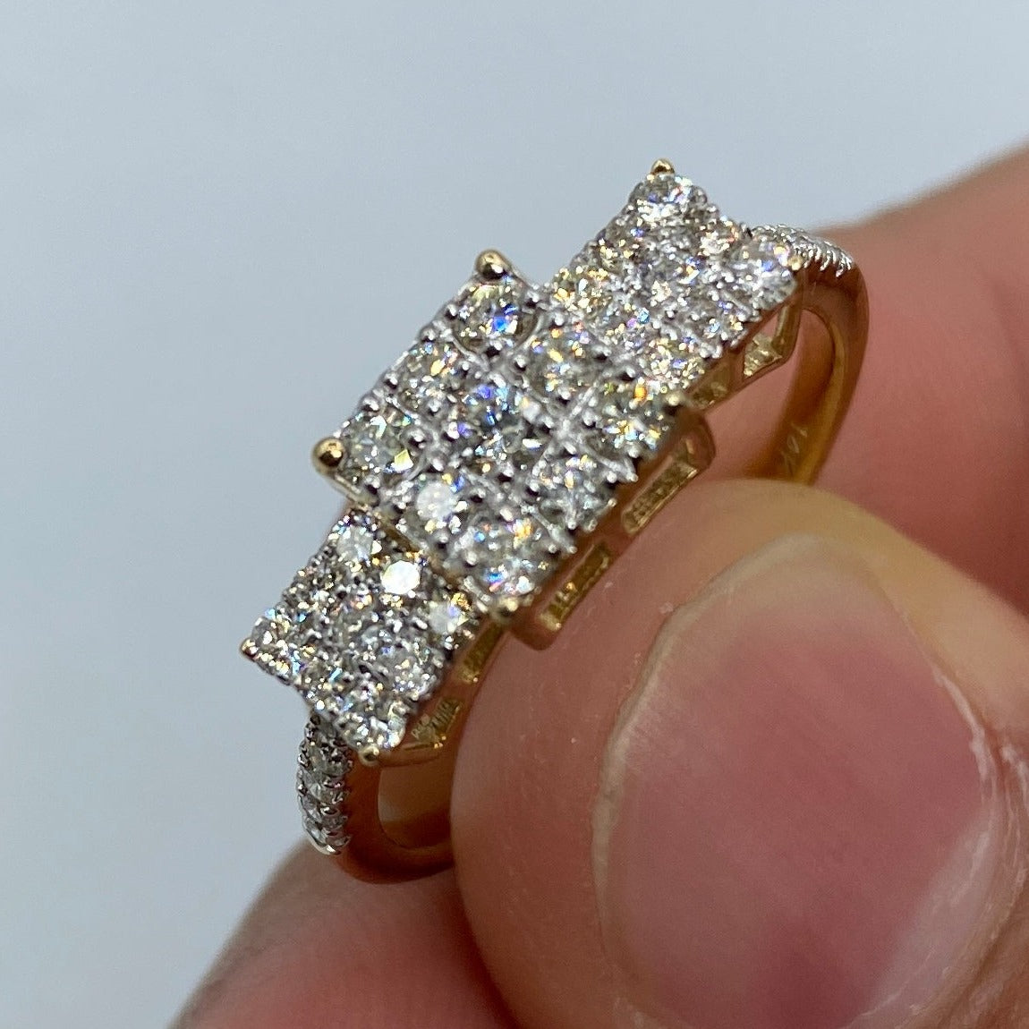 14K Gold Tri-Stone Square Cluster Diamond Engagement Ring - additional product view 2
