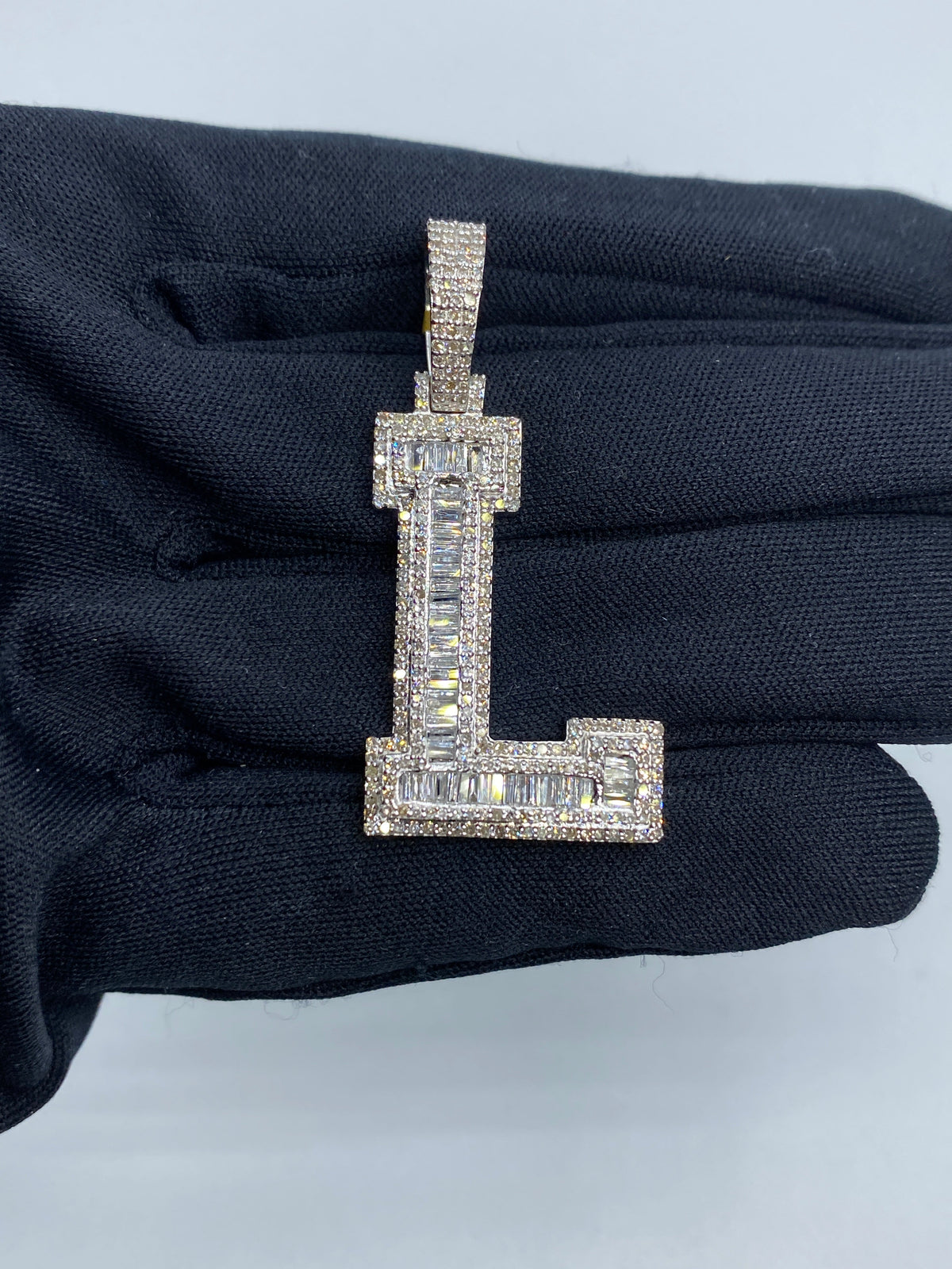 Initial L Baguette Diamond Pendant in white - close-up product photo
