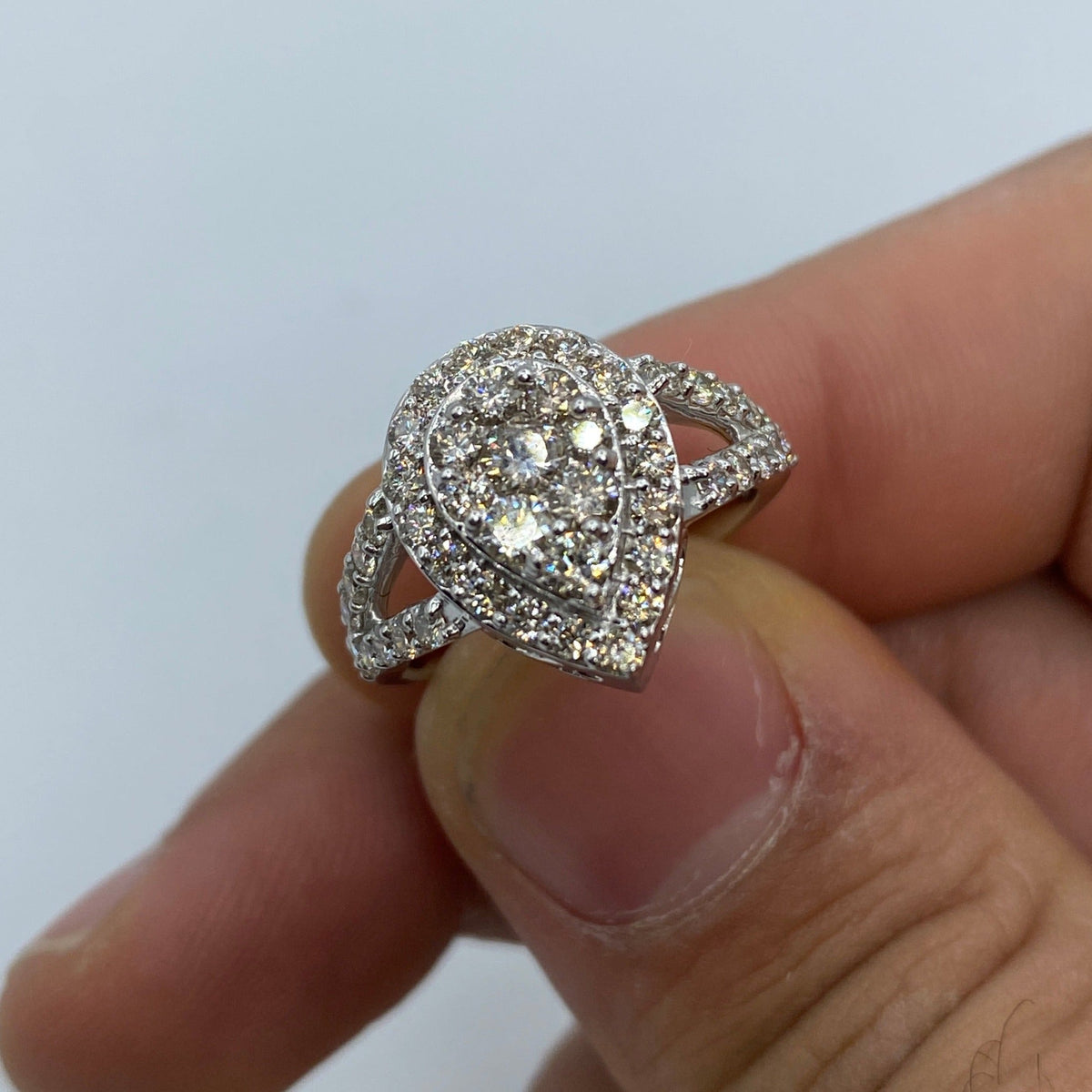 14K Gold Large Pear Shape Diamond Engagement Ring in white gold - close-up product photo