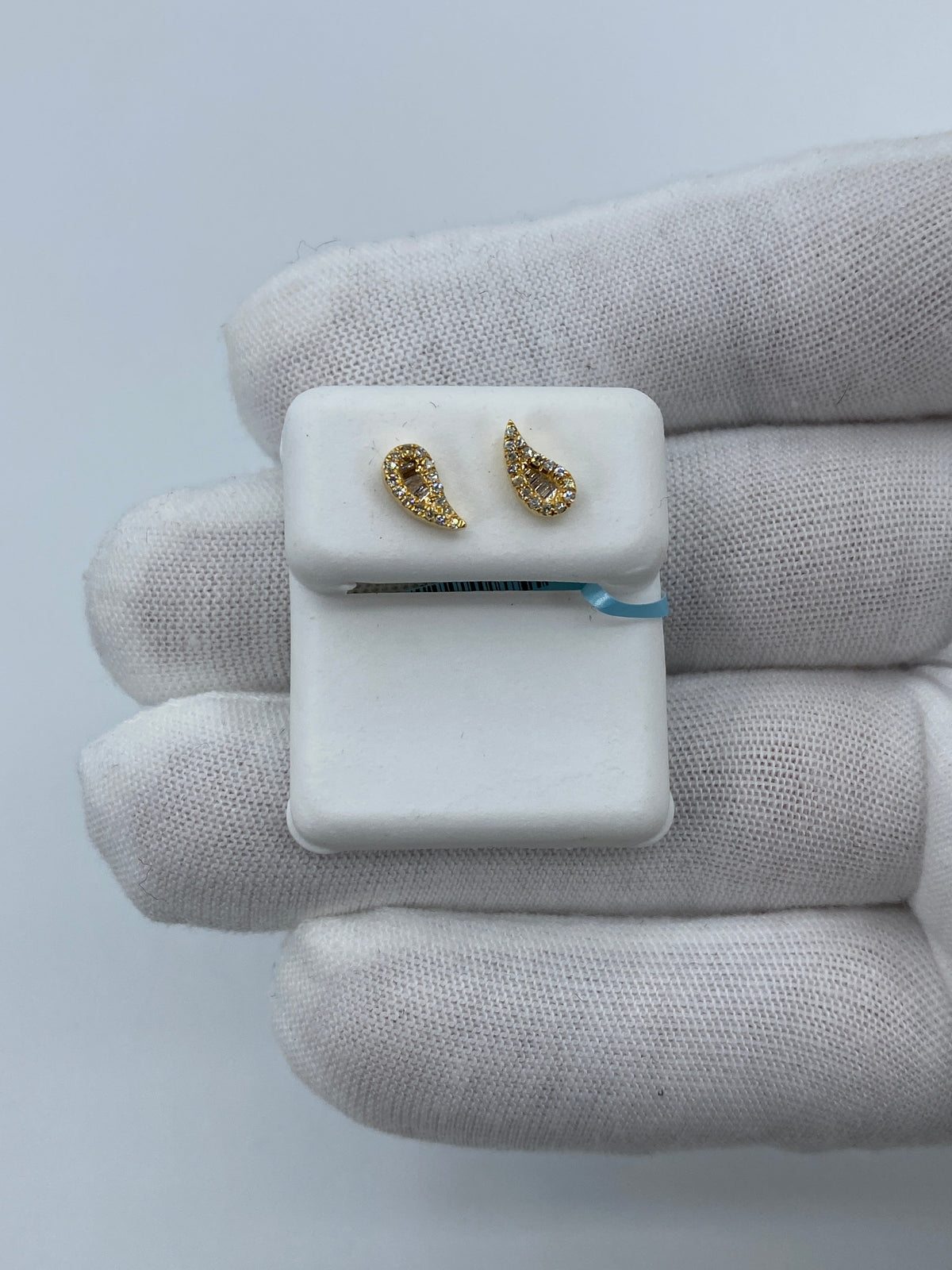 14K Gold Small Tear Shape Diamond Baguette Earrings in yellow gold - close-up product photo