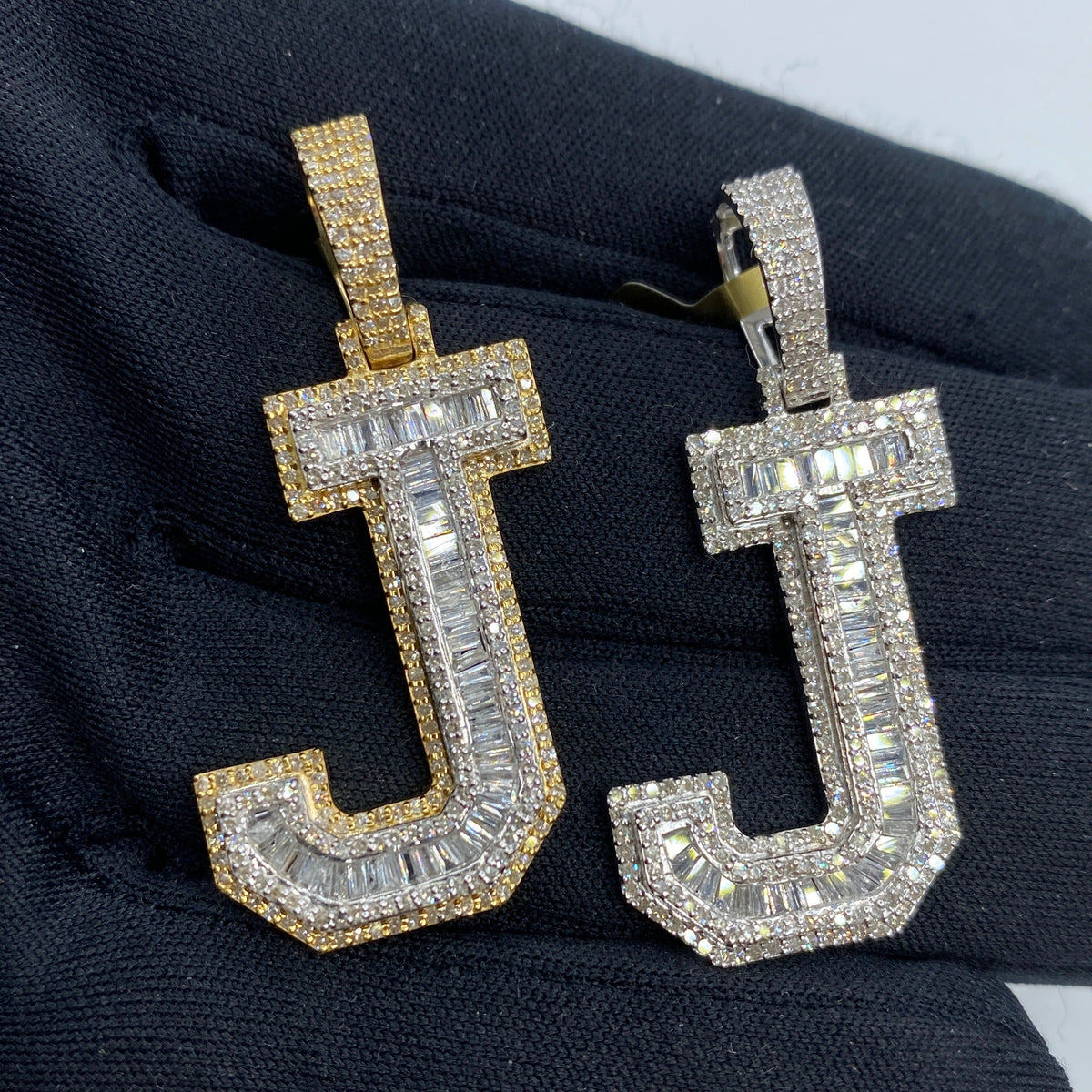 10K Gold Varsity Initial Letter Diamond Baguette Pendants Full Collection in yellow gold - close-up product photo