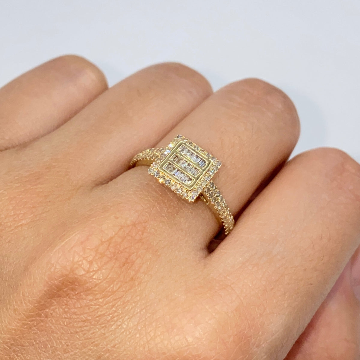 14K Gold Square Diamond Baguette Engagement Rings in yellow gold - close-up product photo