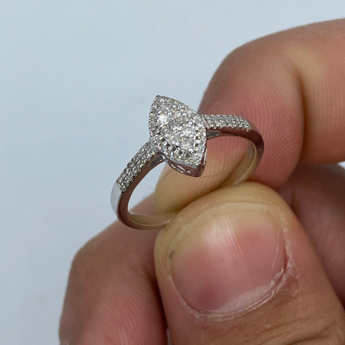 14K Gold Almond Diamond Engagement Ring in white gold - close-up product photo