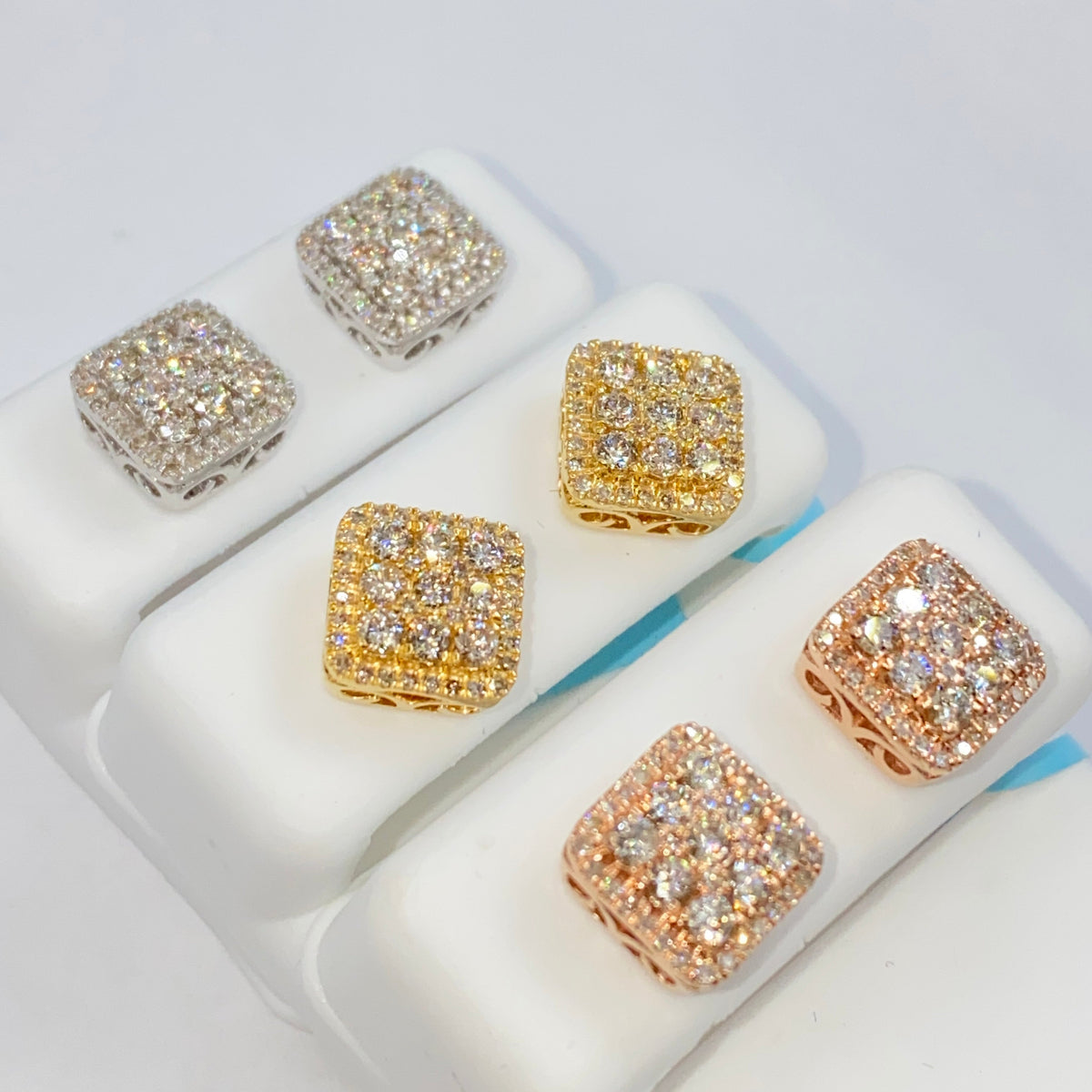 14K Gold Classic Square Diamond Earrings in white gold, Medium - close-up product photo