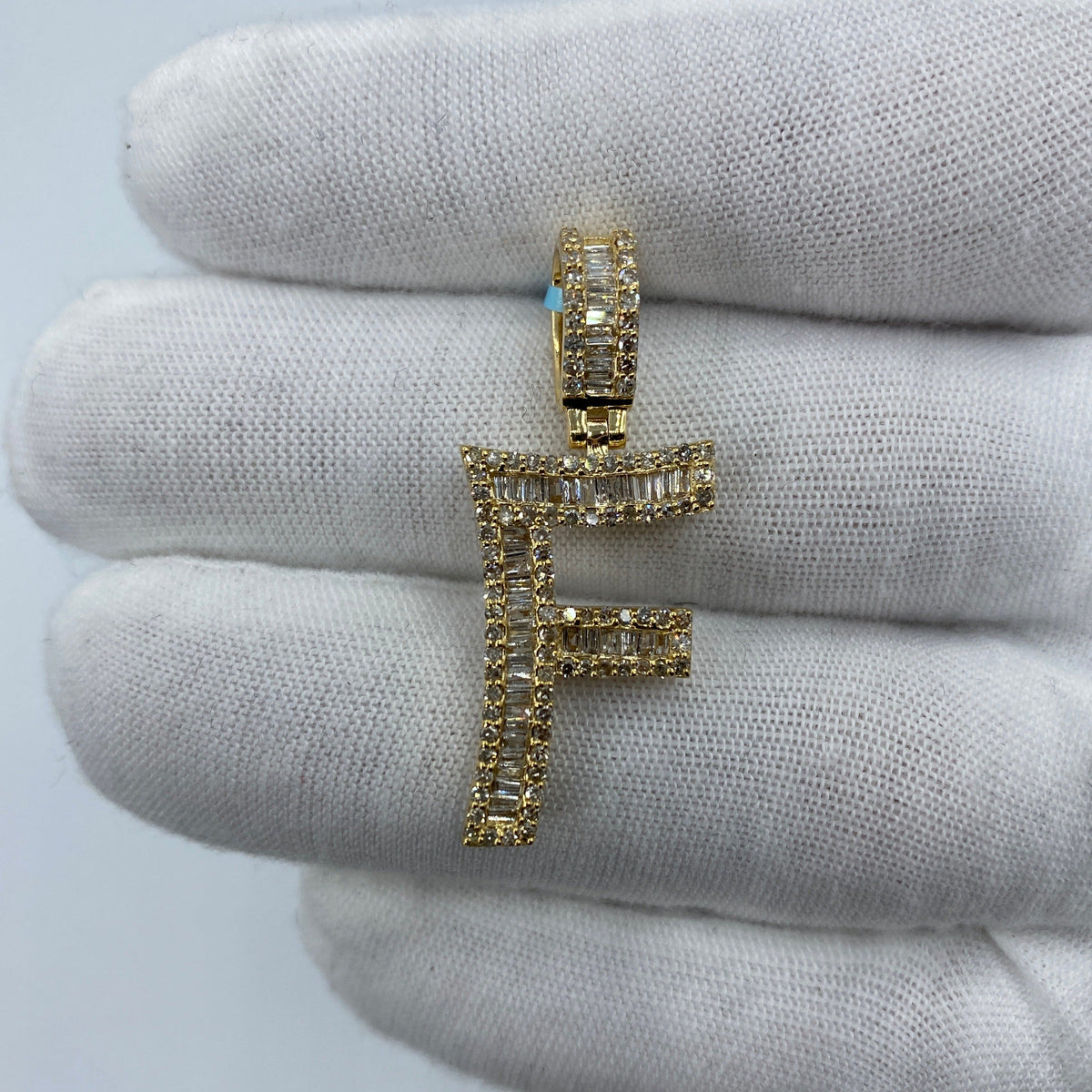 14K Gold Initial F Diamond Baguette Pendant in yellow gold, Large - close-up product photo