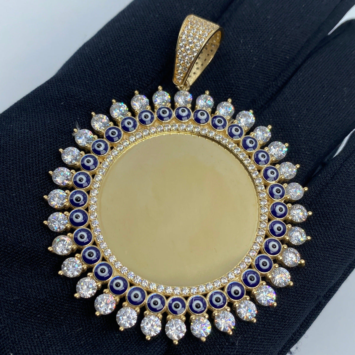 14K Gold Evil Eyes Circle Picture Photo CZ Pendant - additional product view 2