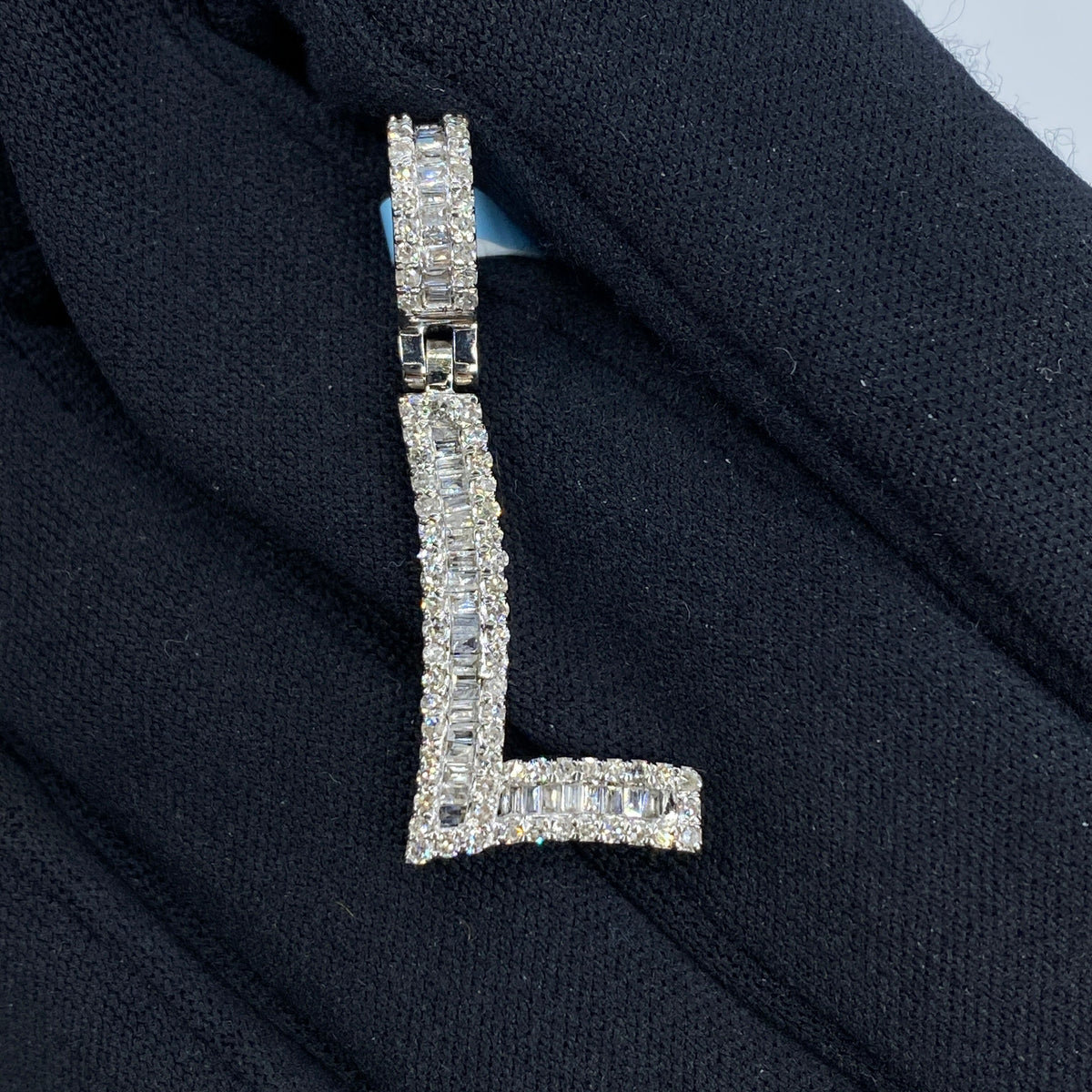 14K Gold Bamboo Initial Letter Diamond Baguette Pendants Full Collection in white gold, Small - close-up product photo