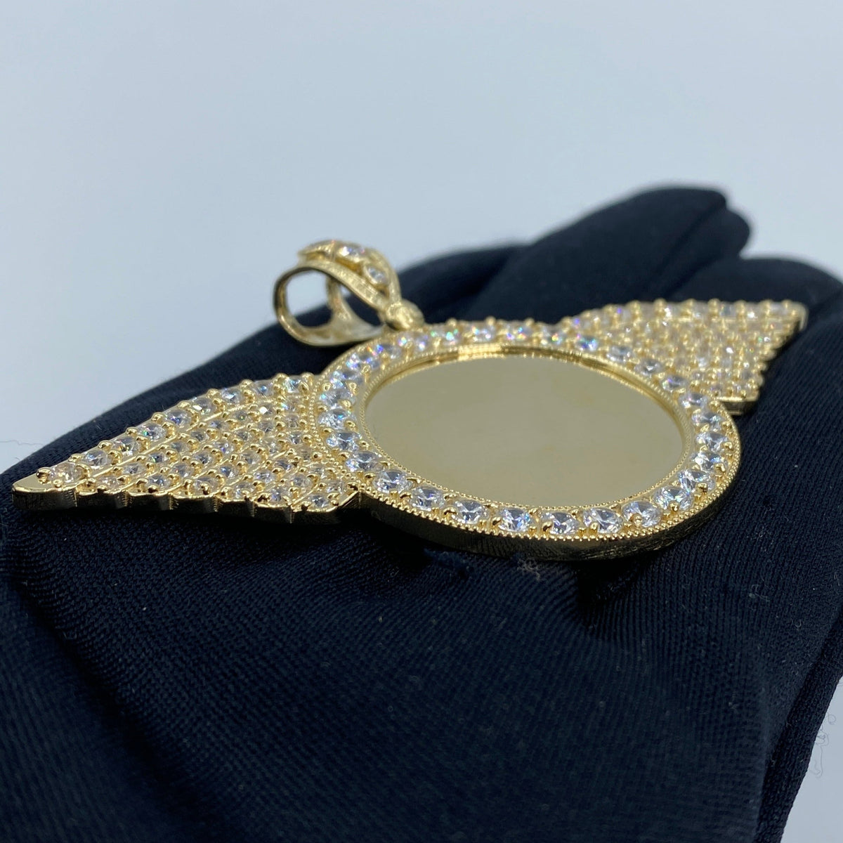 14K Gold Circle Angel Wings Picture Photo CZ Pendant - additional product view 3