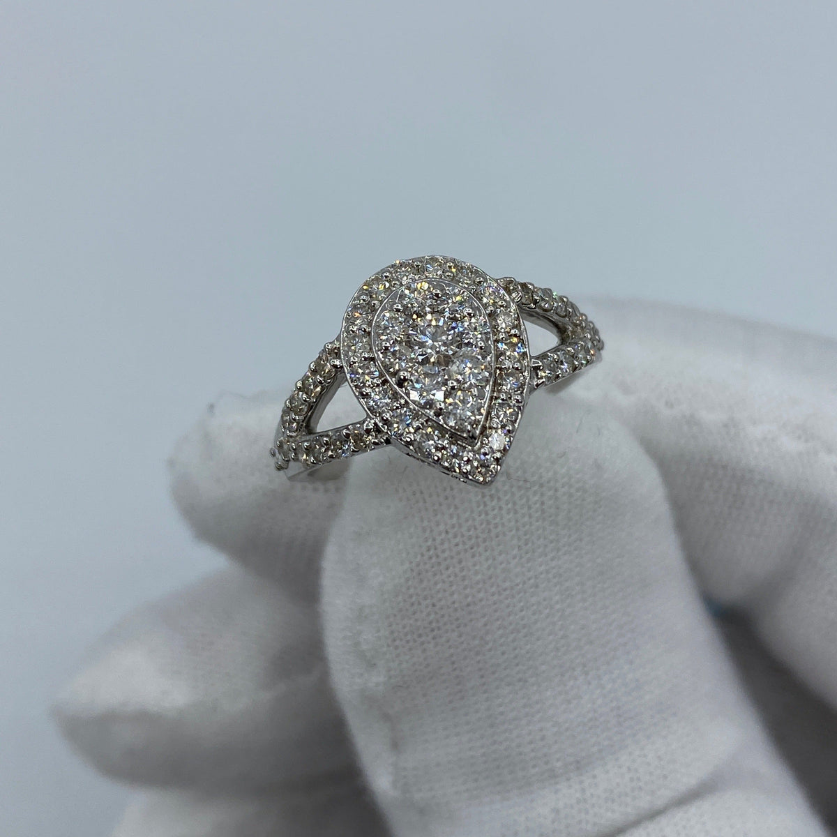 14K Gold Pear Shape Diamond Engagement Ring in white gold - close-up product photo