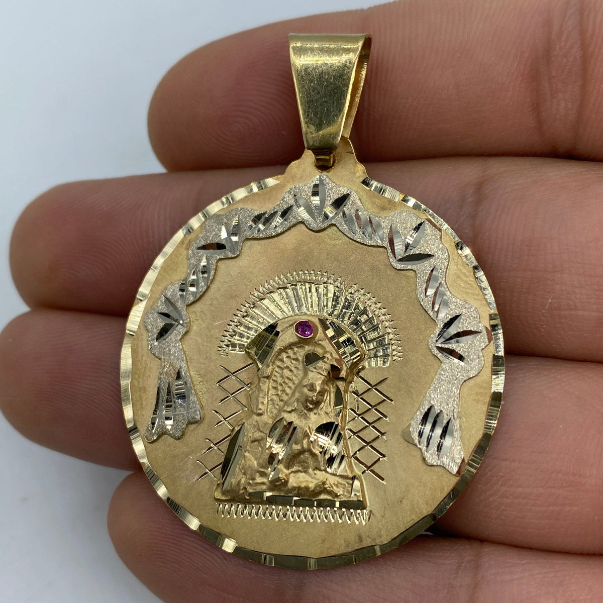 14K Gold Saint Caridad Del Cobre Round Medallion Pendant 2.0 in - additional product view 3