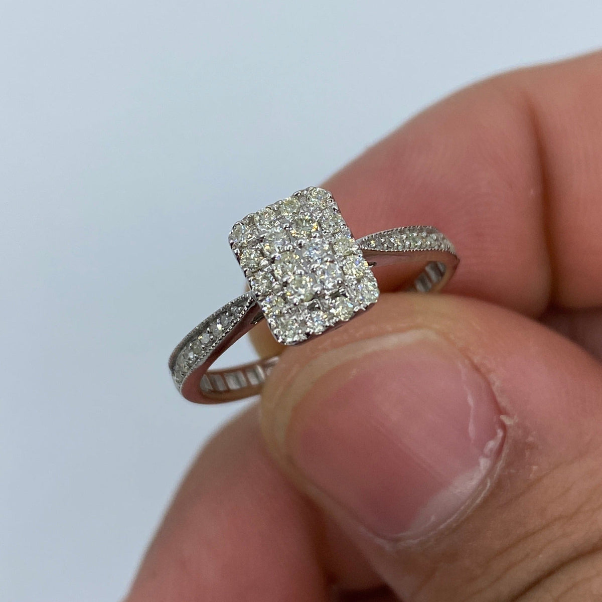 14K Gold Rectangle Diamond Engagement Ring in white gold - close-up product photo