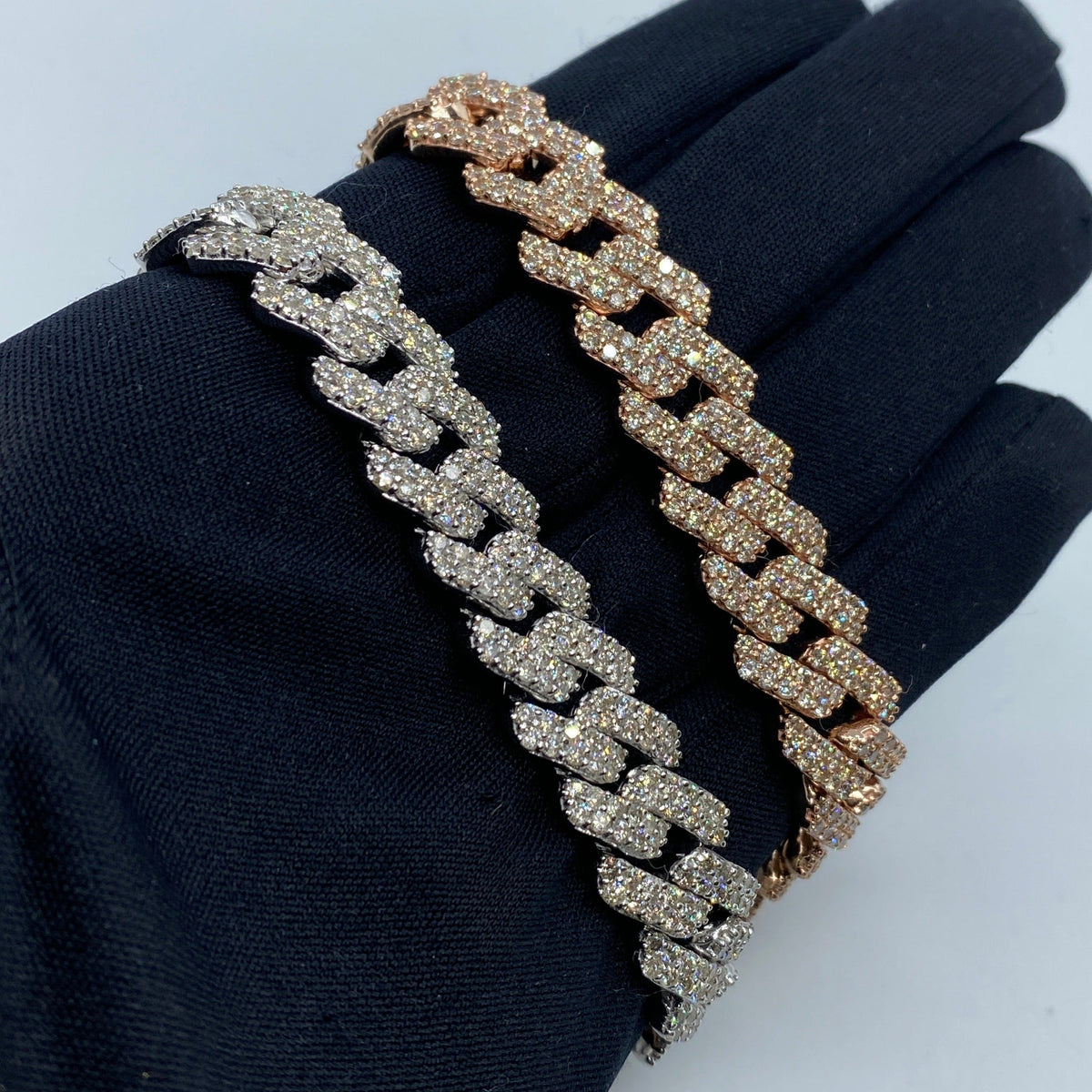 10K Gold 12mm Cuban Link Diamond Bracelet 7.5–8 in in white gold, 8" - close-up product photo