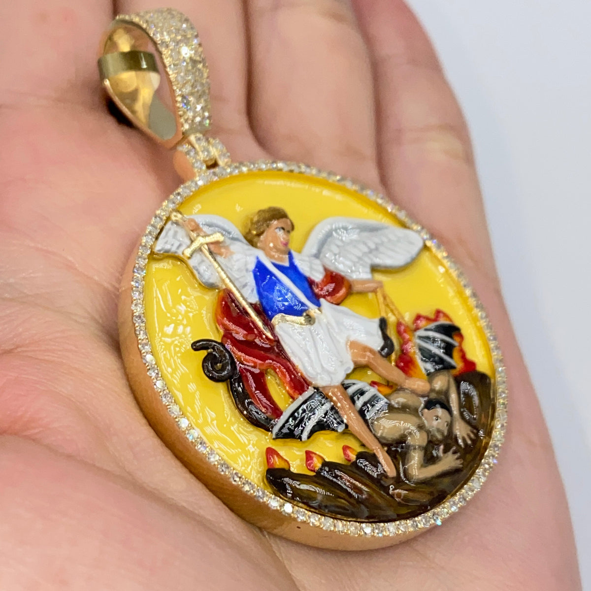10K Gold Saint Michael Circle Enamel Diamond Pendant - additional product view 4