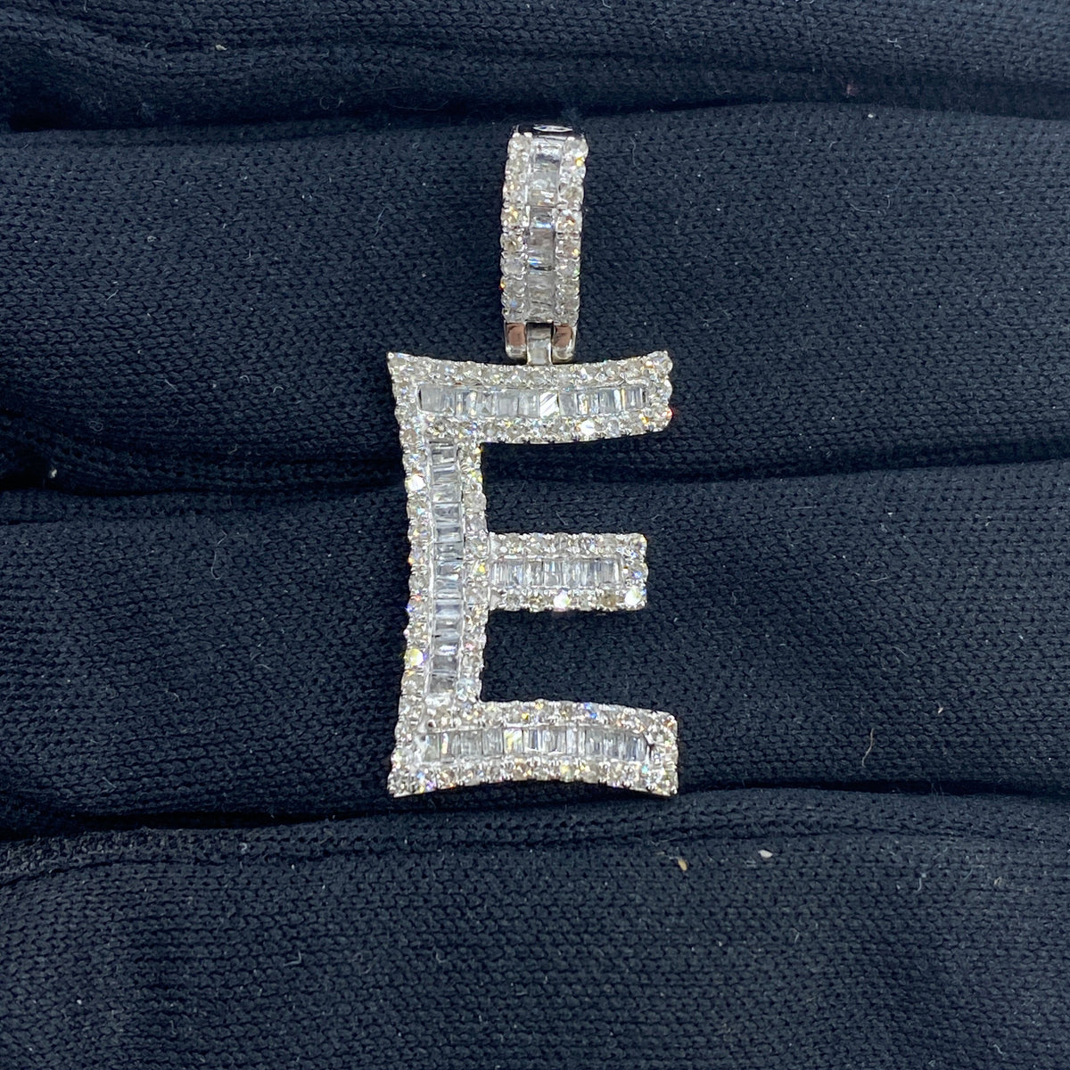 14K Gold Bamboo Initial Letter Diamond Baguette Pendants Full Collection in white gold, Small - close-up product photo