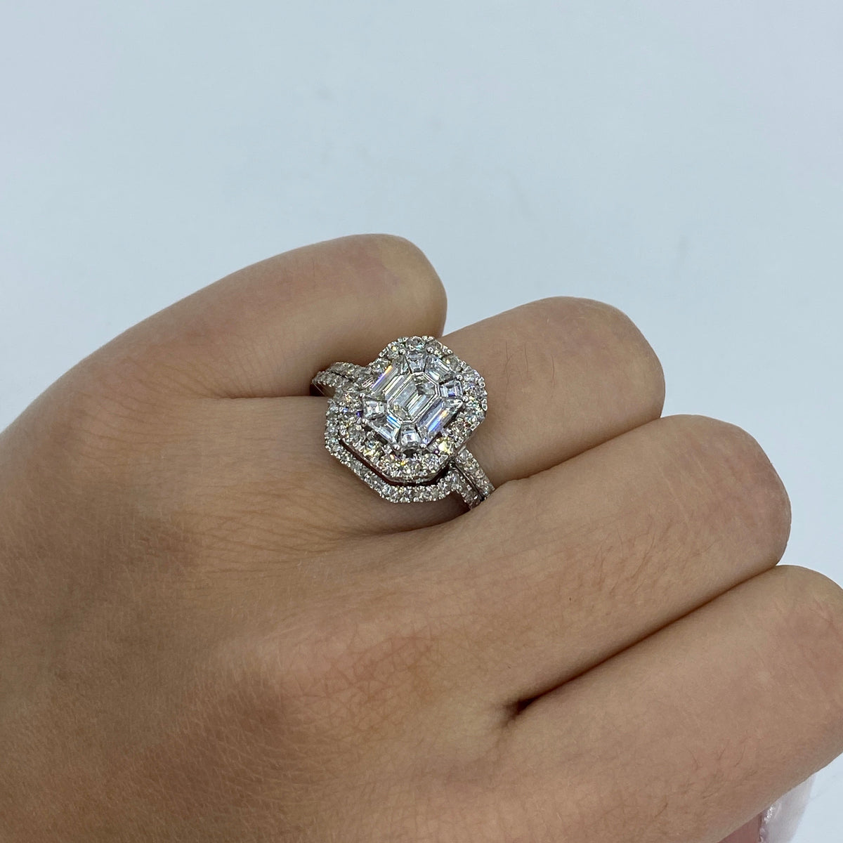 14K Gold Jumbo Rectangle Stacked Diamond Baguette Engagement Ring in white gold - close-up product photo