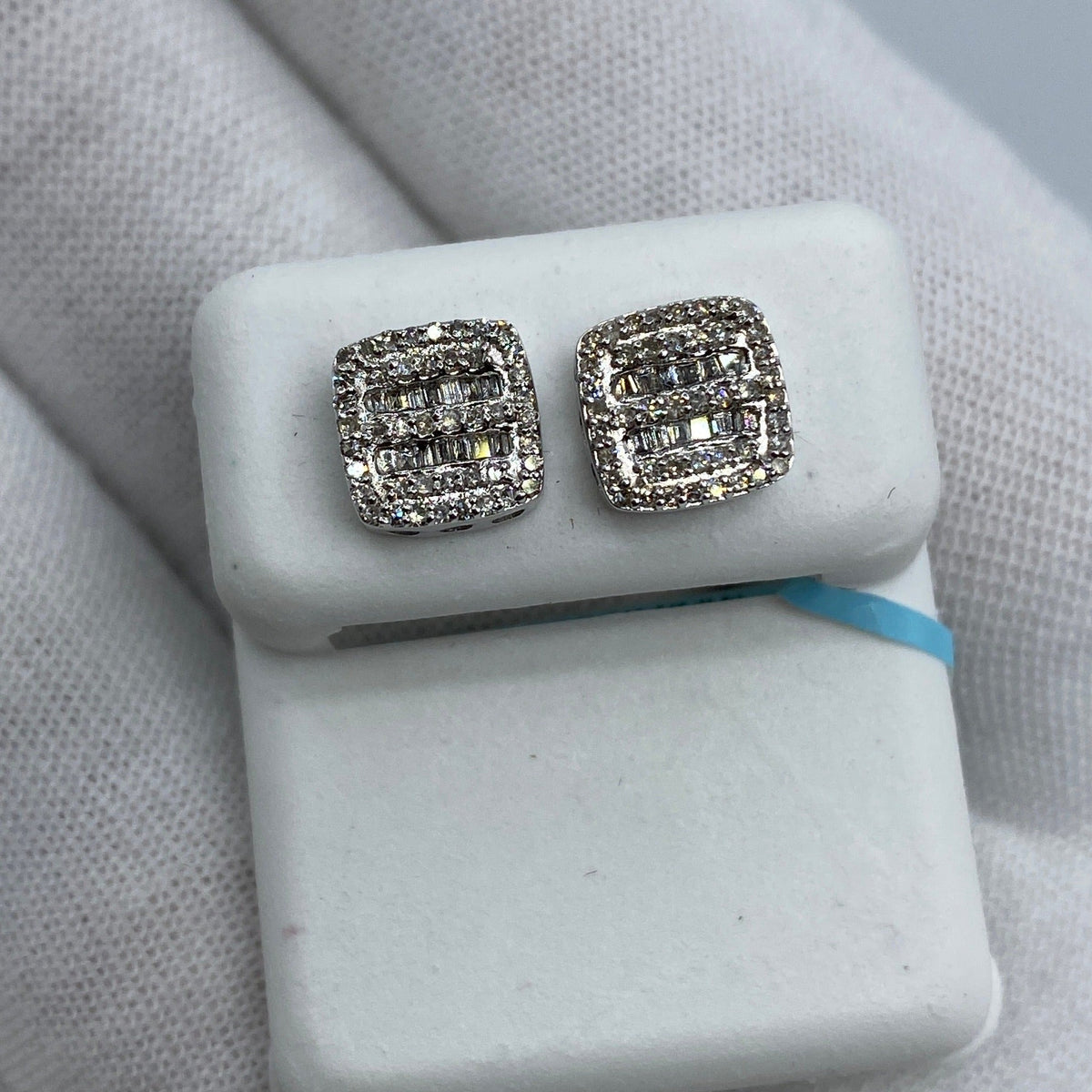 14K Gold Square Double-Row Diamond Baguette Earrings in white gold - close-up product photo