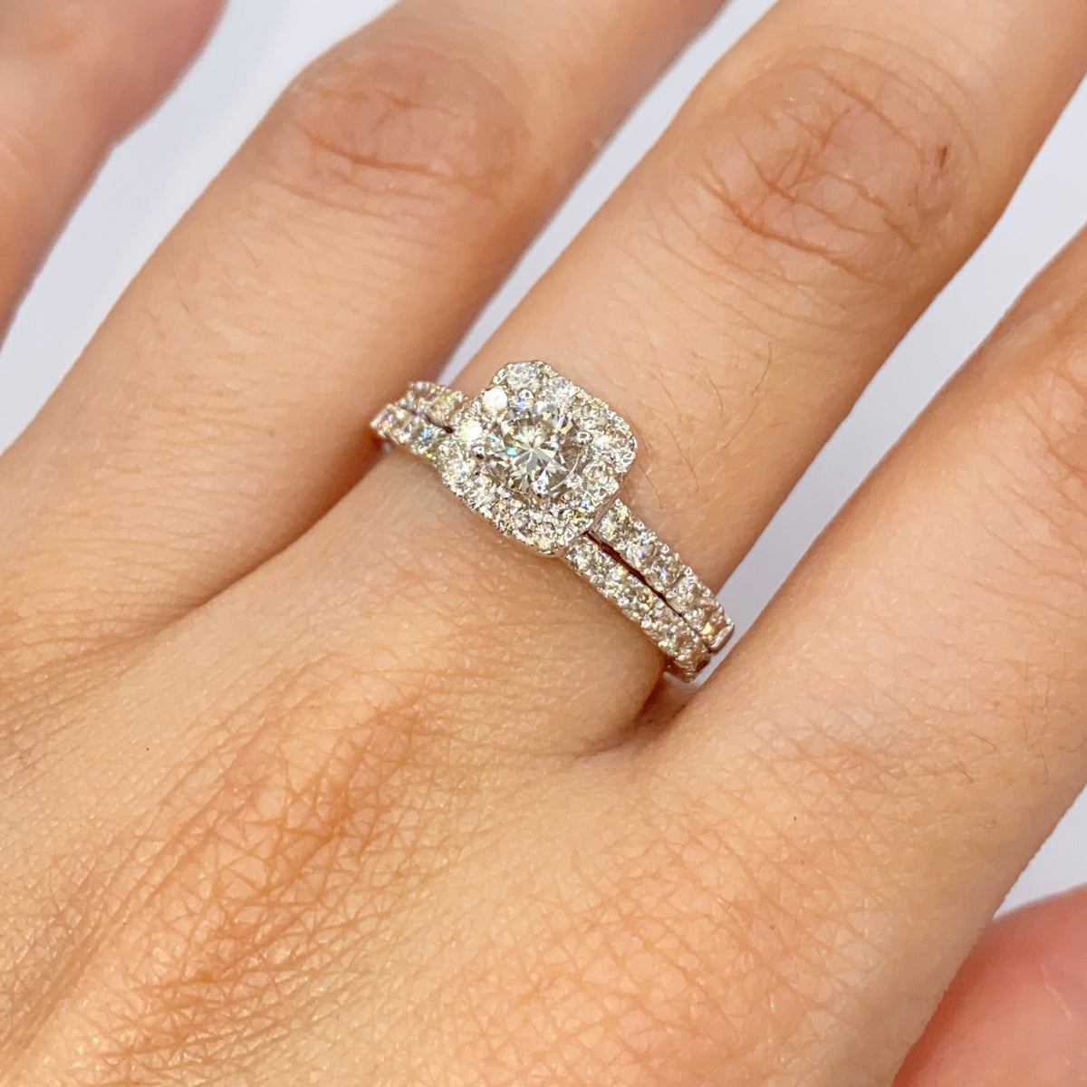14K Gold Marilyn Square Halo Stack Diamond Engagement Ring in white gold - close-up product photo