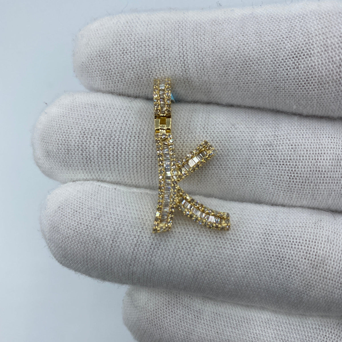 14K Gold Initial K Diamond Baguette Pendant in yellow gold, Small - close-up product photo