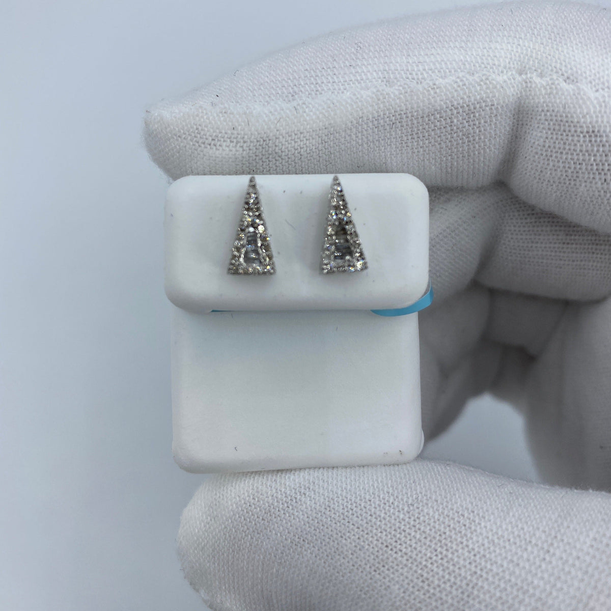 14K Gold Large Isosceles Triangle Diamond Baguette Earrings in white gold - close-up product photo
