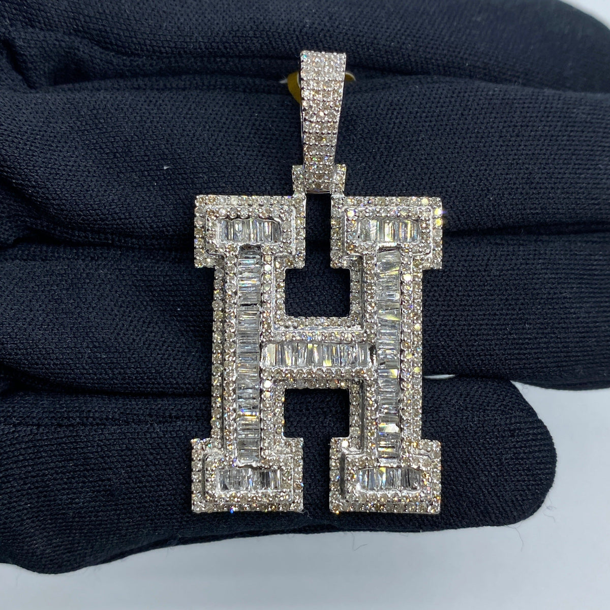 10K Gold Varsity Initial Letter Diamond Baguette Pendants Full Collection in white gold - close-up product photo