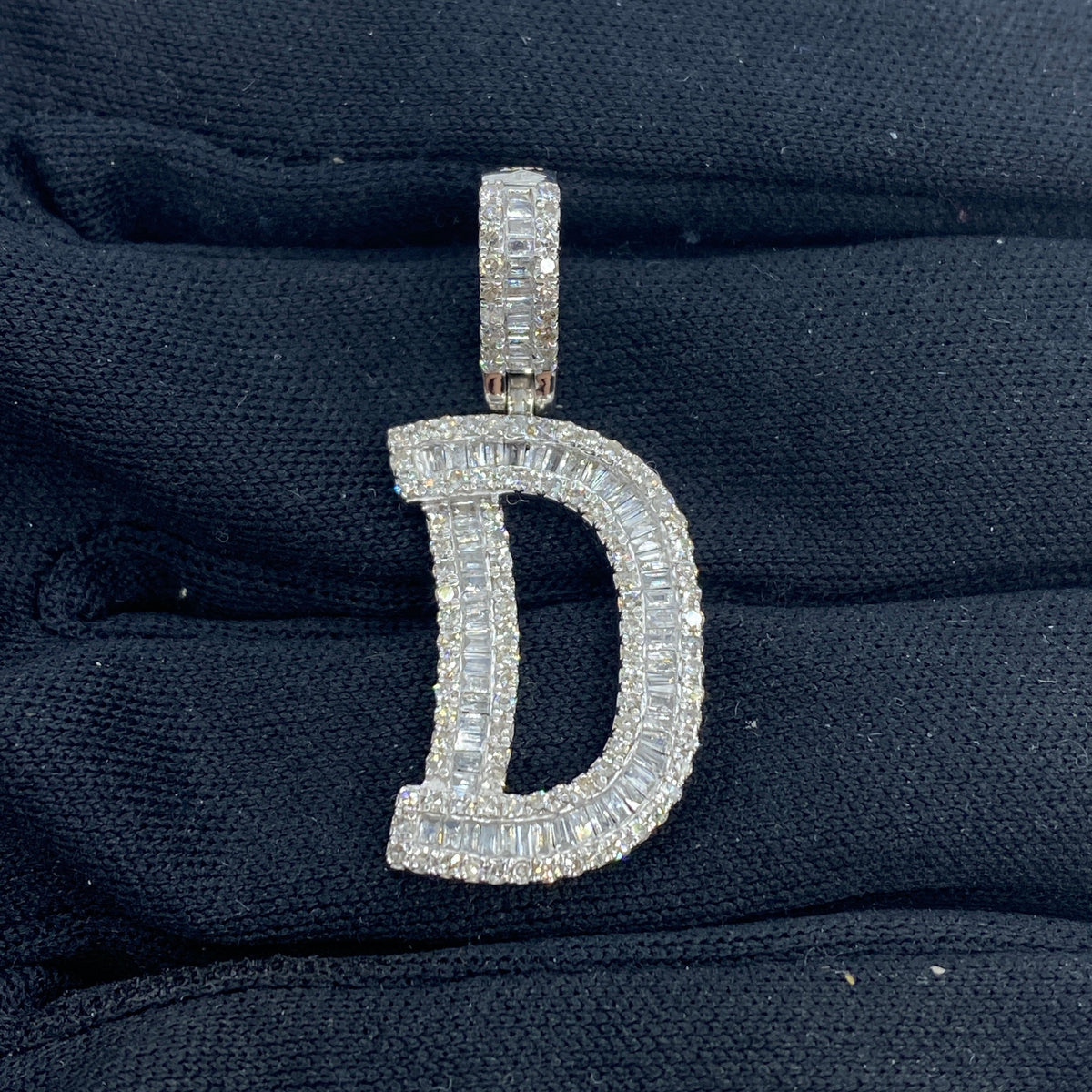 14K Gold Initial D Diamond Baguette Pendant in white gold, Small - close-up product photo