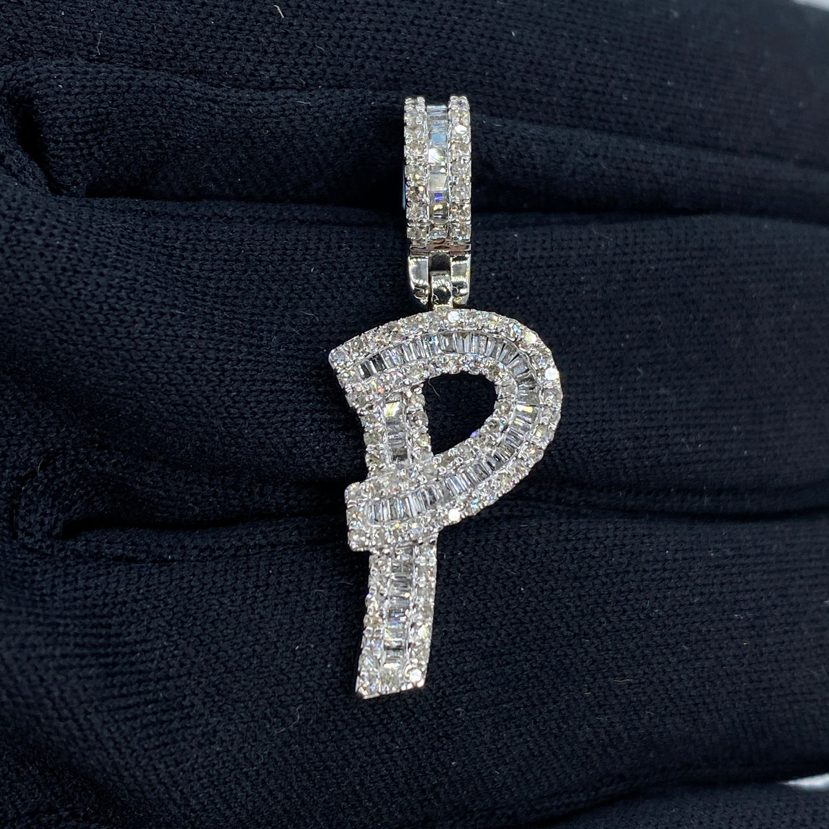14K Gold Bamboo Initial Letter Diamond Baguette Pendants Full Collection in white gold, Small - close-up product photo