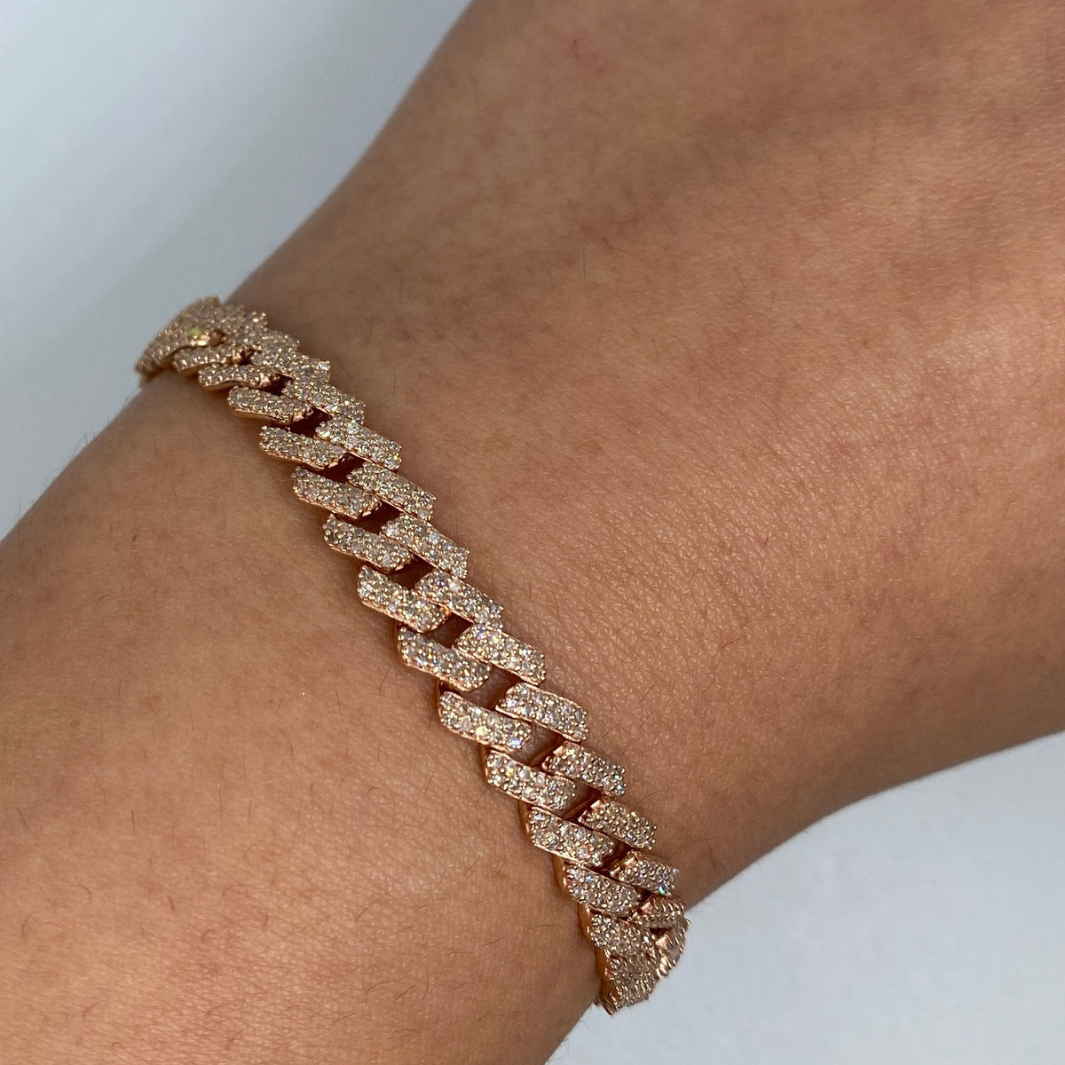 10K Gold 8mm Cuban Link Diamond Bracelet 7–8 in in rose gold, 7" - close-up product photo