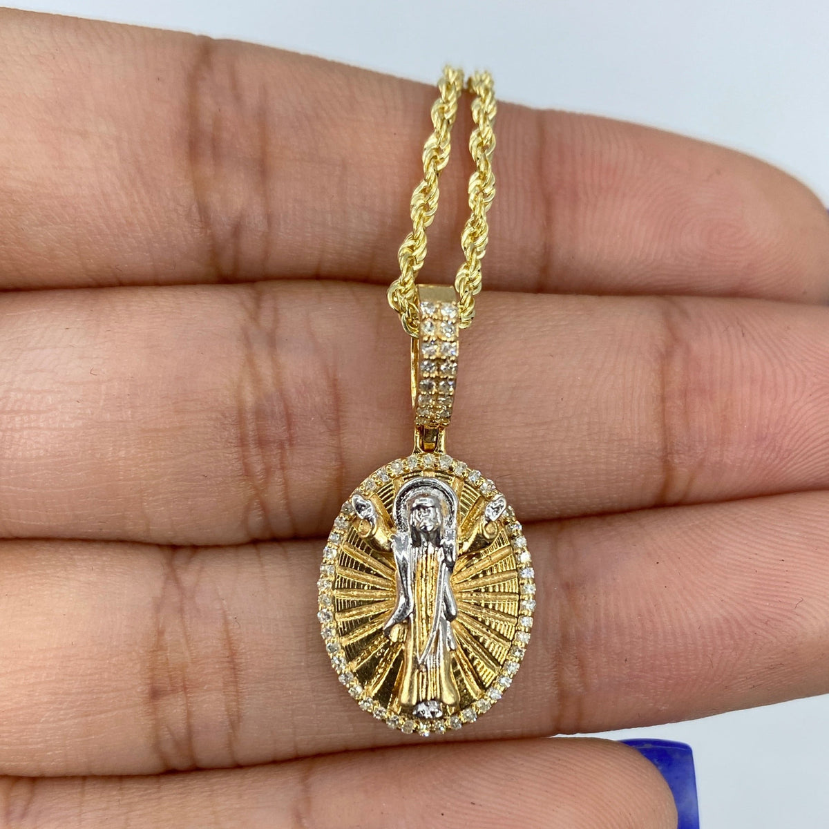 14K Gold Jesus Save Us Medal Diamond Pendant - additional product view 2