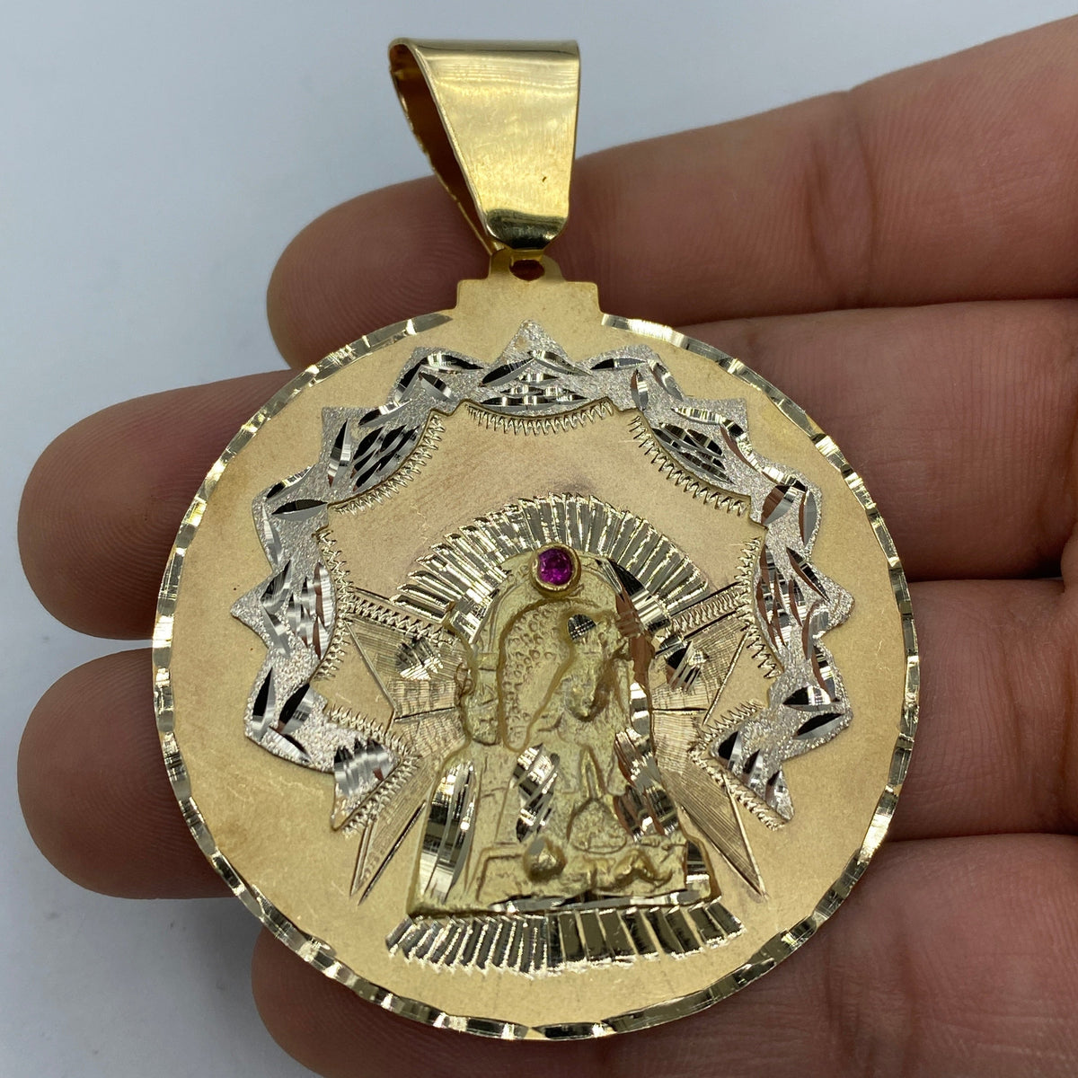 14K Gold Saint Caridad Del Cobre Round Medallion Pendant 2.8 in - additional product view 2