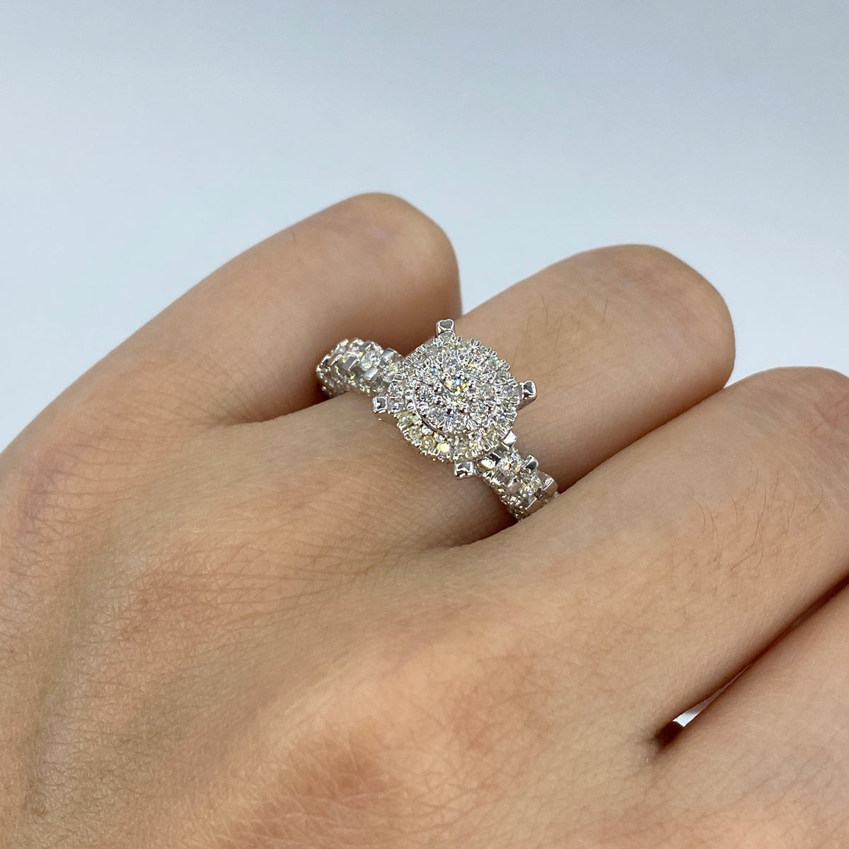 14K Gold Luxe Circle Halo Diamond Engagement Ring in white gold - close-up product photo