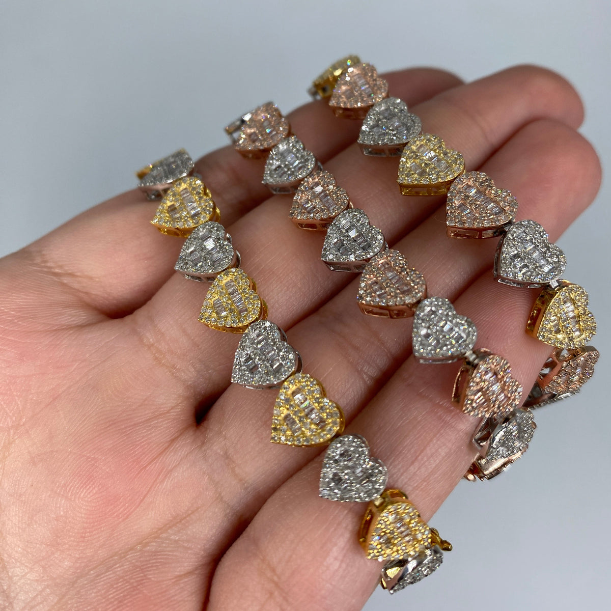 10K Gold 9mm Multi-Color Hearts Link Diamond Baguette Bracelet 6.5-7.5 - additional product view 7