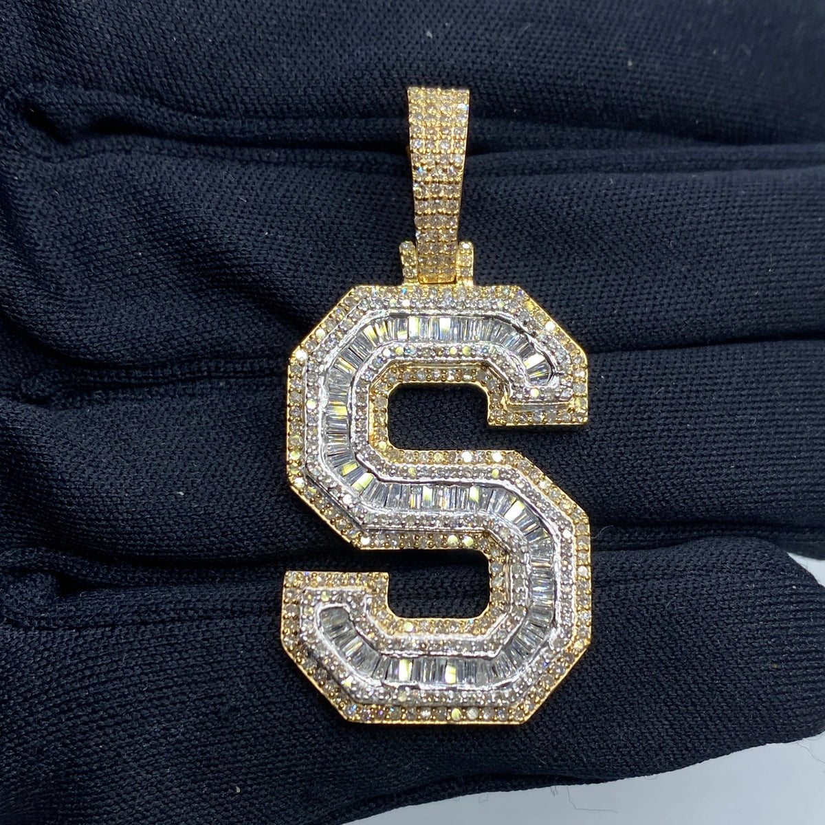 Initial S Baguette Diamond Pendant in yellow - close-up product photo