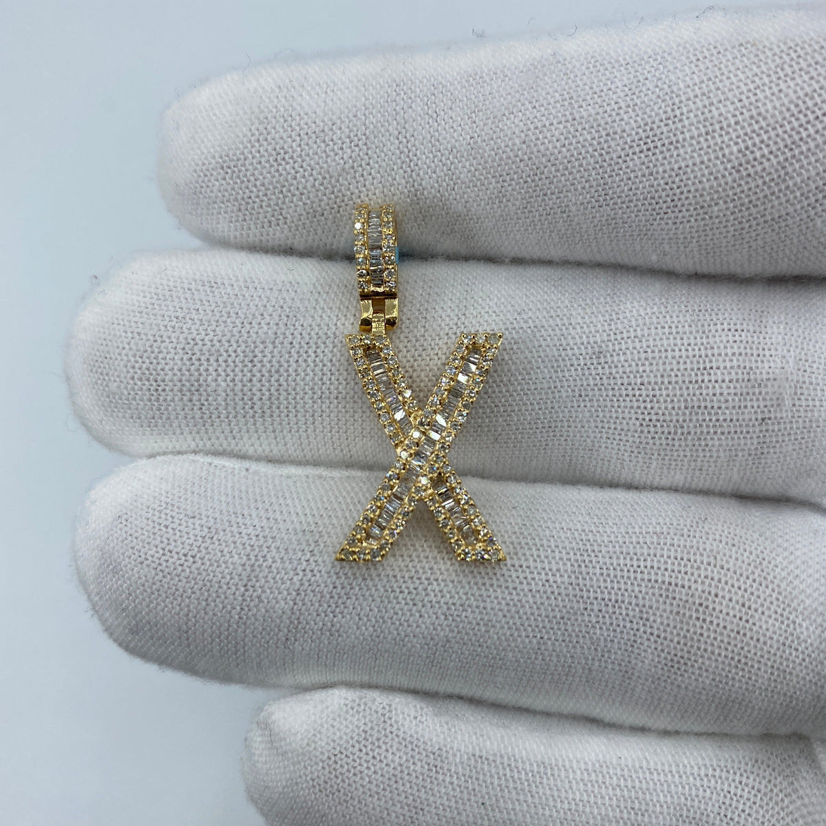 14K Gold Initial X Diamond Baguette Pendant in yellow gold, Small - close-up product photo