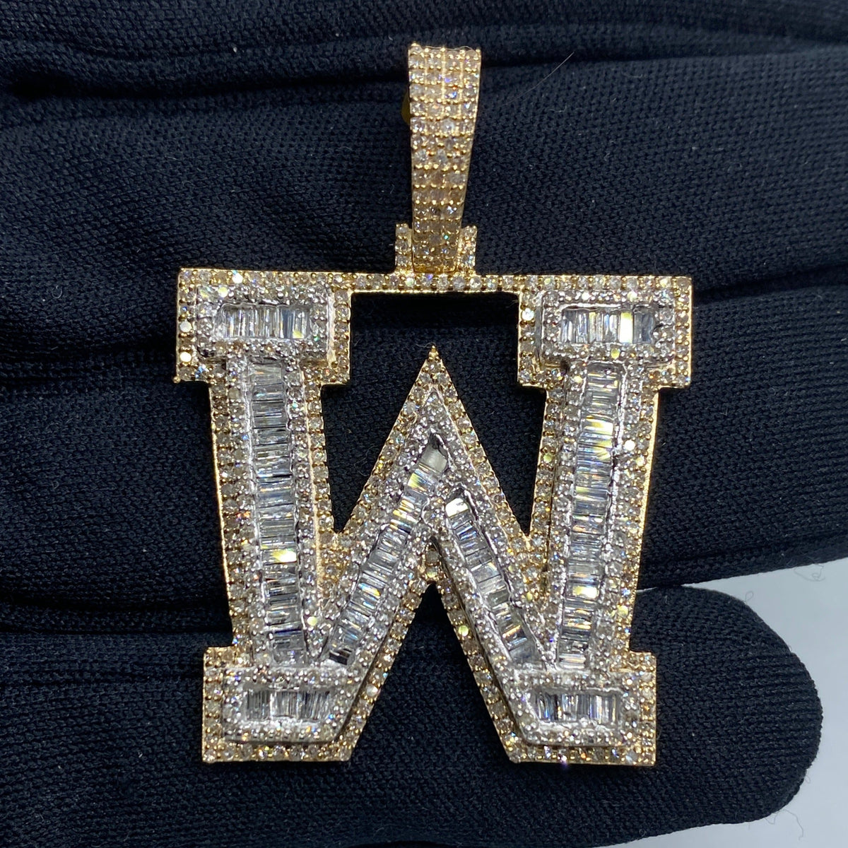 10K Gold Varsity Initial Letter Diamond Baguette Pendants Full Collection in yellow gold - close-up product photo