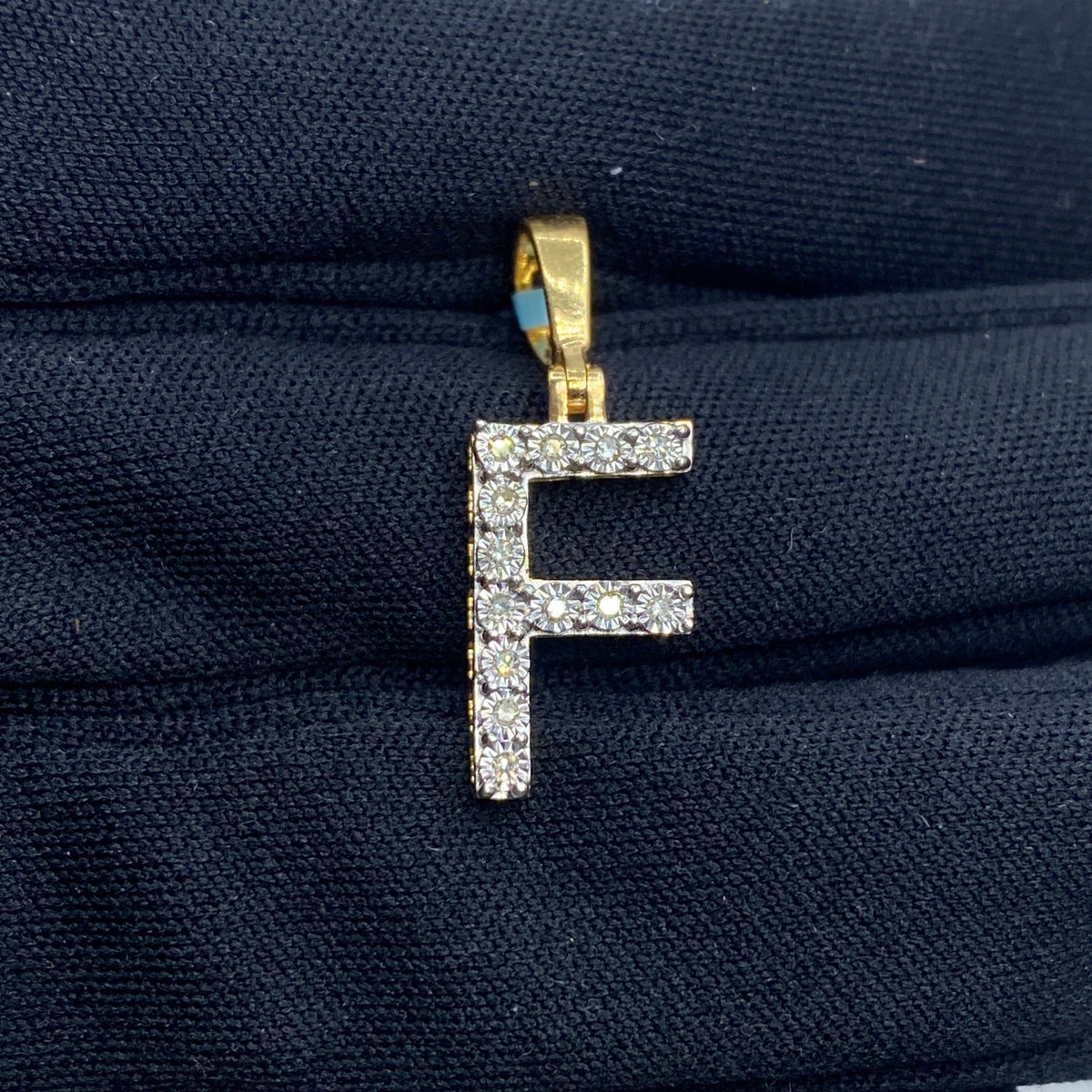 14K Gold Single Stone Initial F Diamond Pendant, Small - close-up product photo