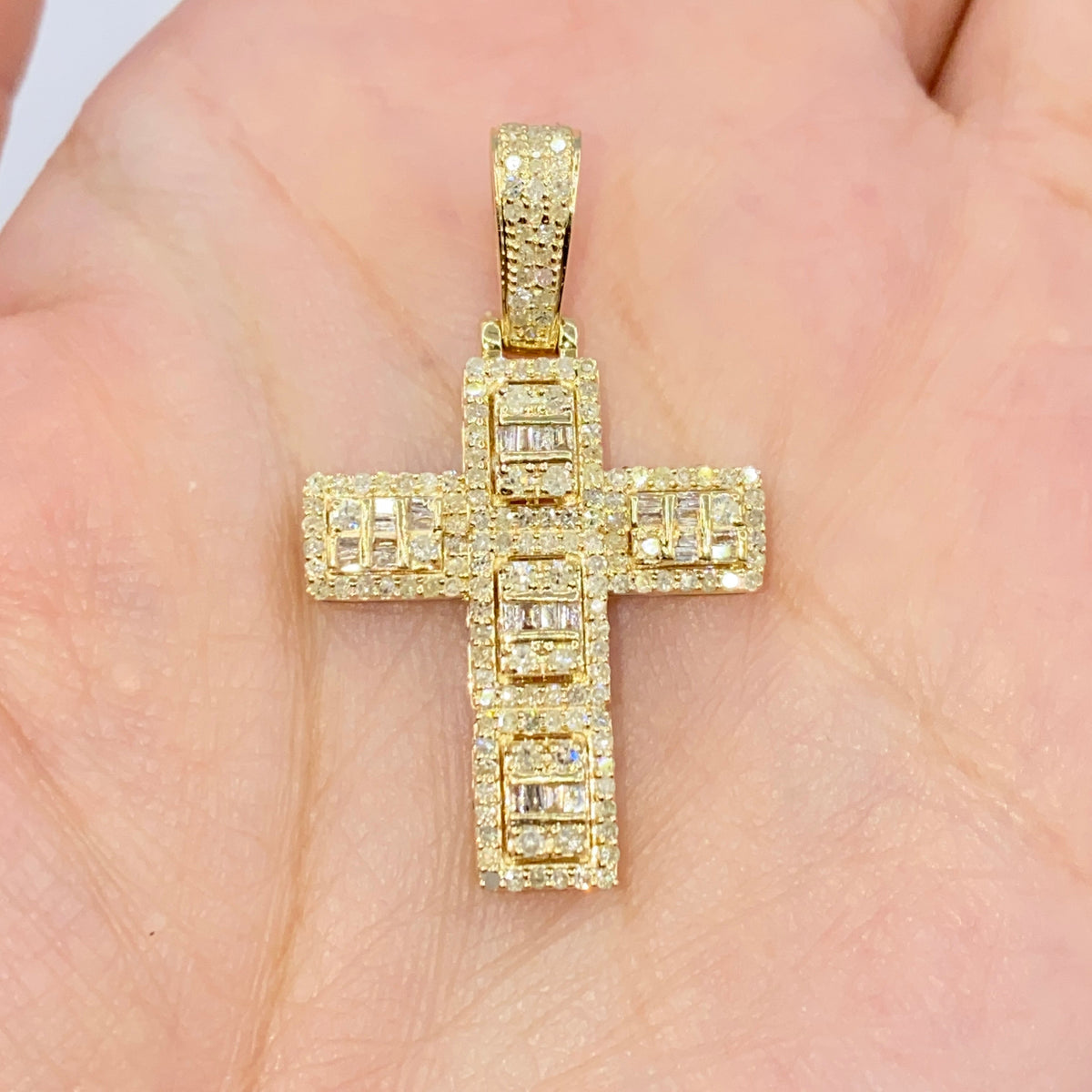 10K Gold Humble Cross Diamond Baguette Pendant in yellow gold - close-up product photo