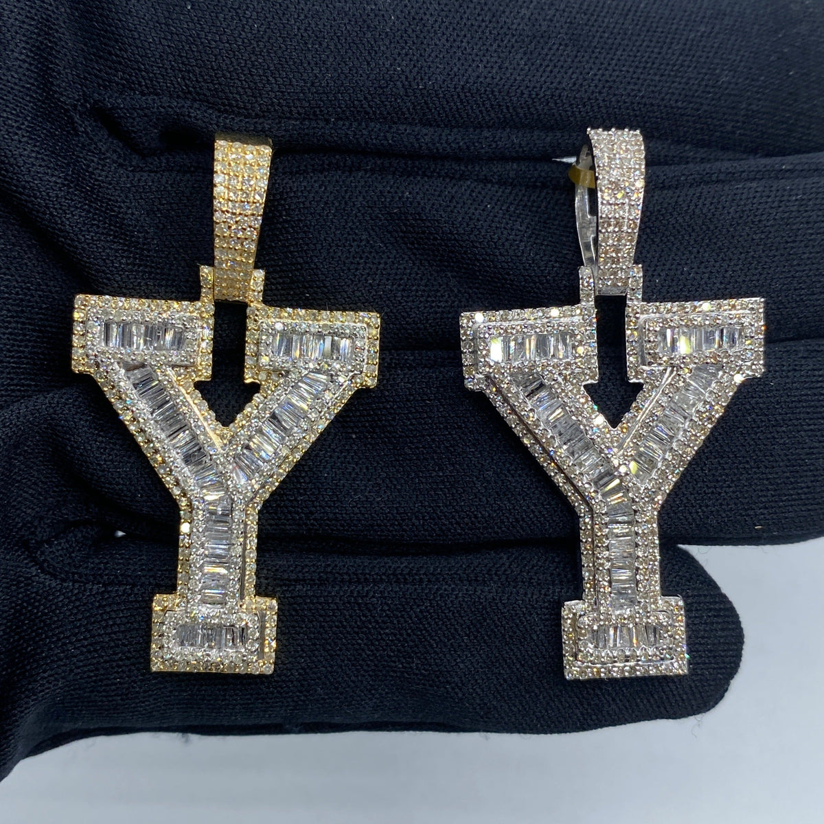 10K Gold Varsity Initial Letter Diamond Baguette Pendants Full Collection in yellow gold - close-up product photo