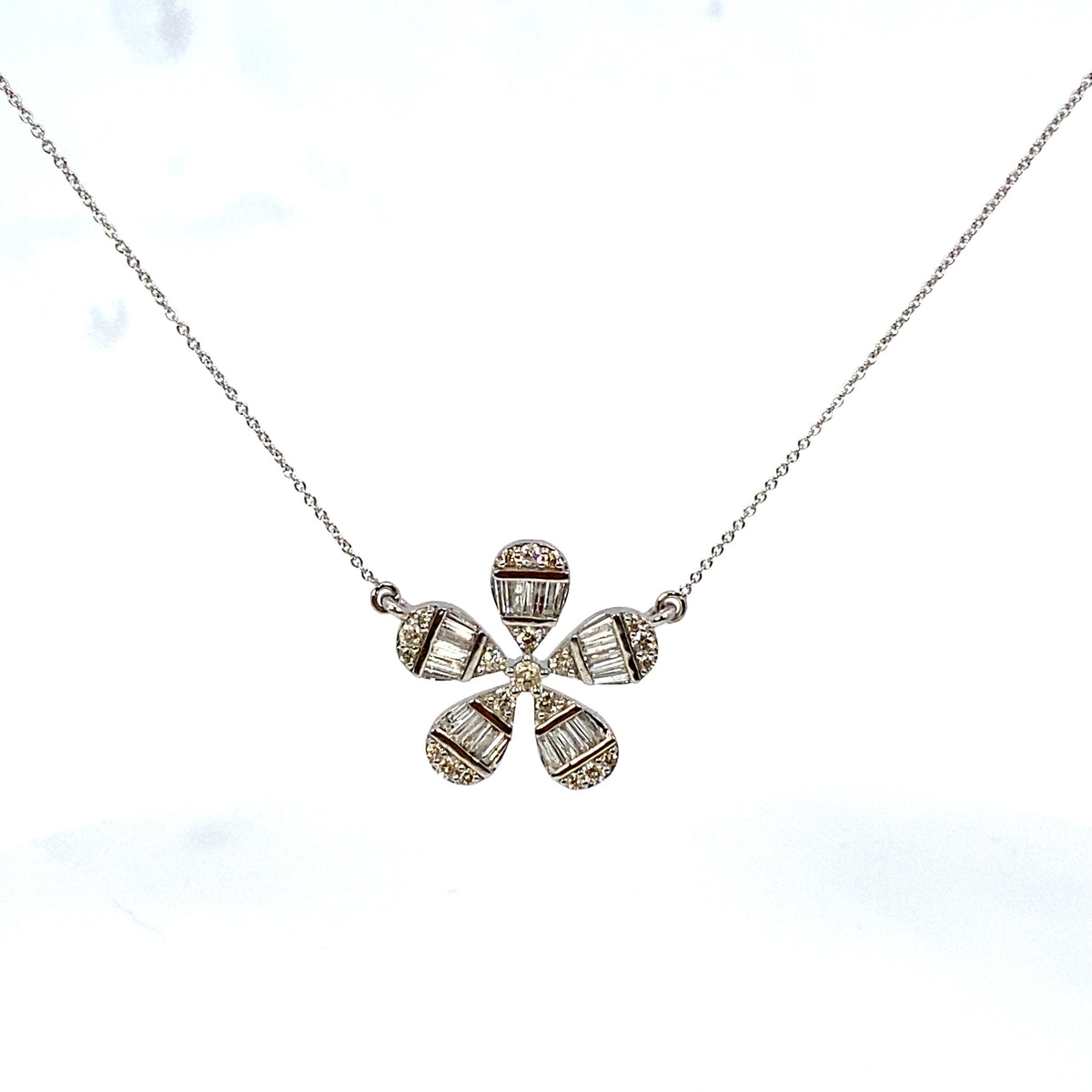14K Gold Large Daisy Flower Diamond Baguette Necklace in white gold - close-up product photo