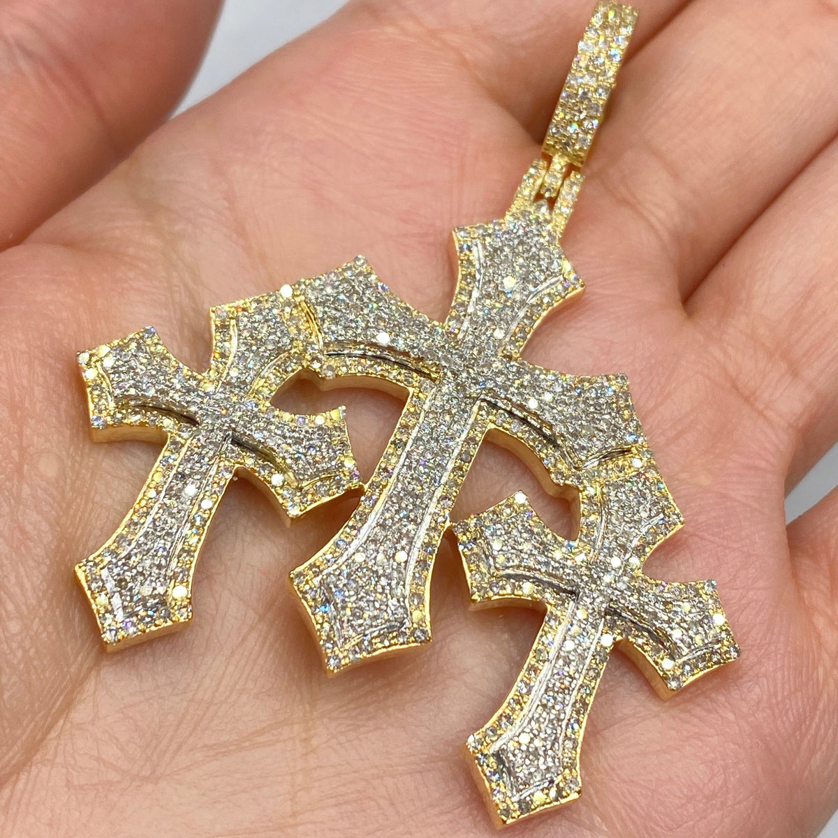 10K Gold Trinity Triple Cross Diamond Pendant in yellow gold, Large - close-up product photo