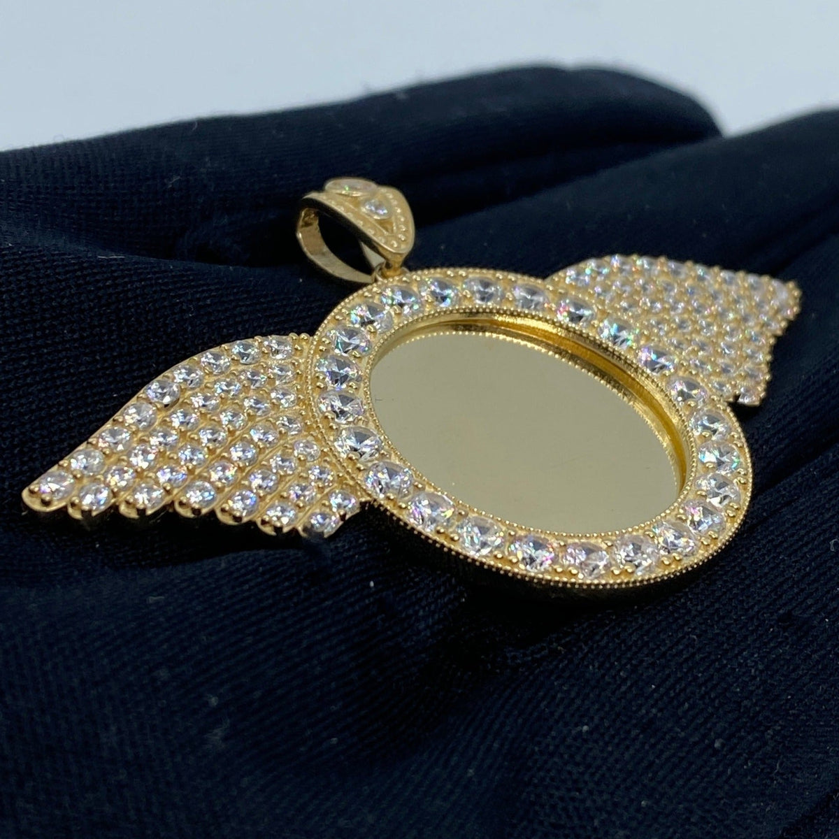 14K Gold Circle Angel Wings Picture Photo CZ Pendant - additional product view 3