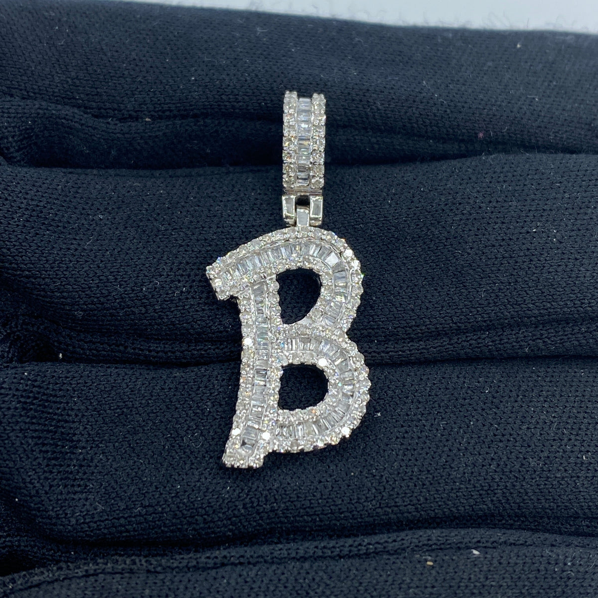 14K Gold Bamboo Initial Letter Diamond Baguette Pendants Full Collection in white gold, Small - close-up product photo