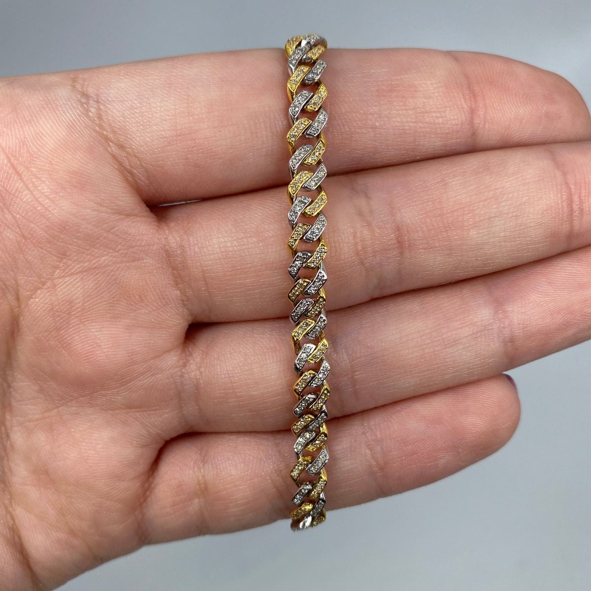 10K Gold 5.5mm Cuban Link Diamond Bracelet 7–8 in in two-tone (white & yellow), 7" - close-up product photo