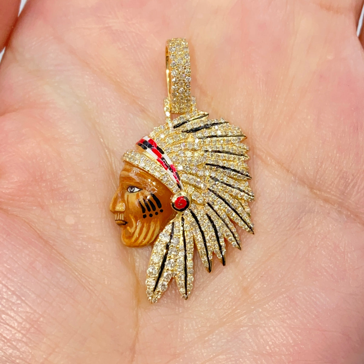 14K Gold Indian Head Diamond Pendant, Medium - close-up product photo