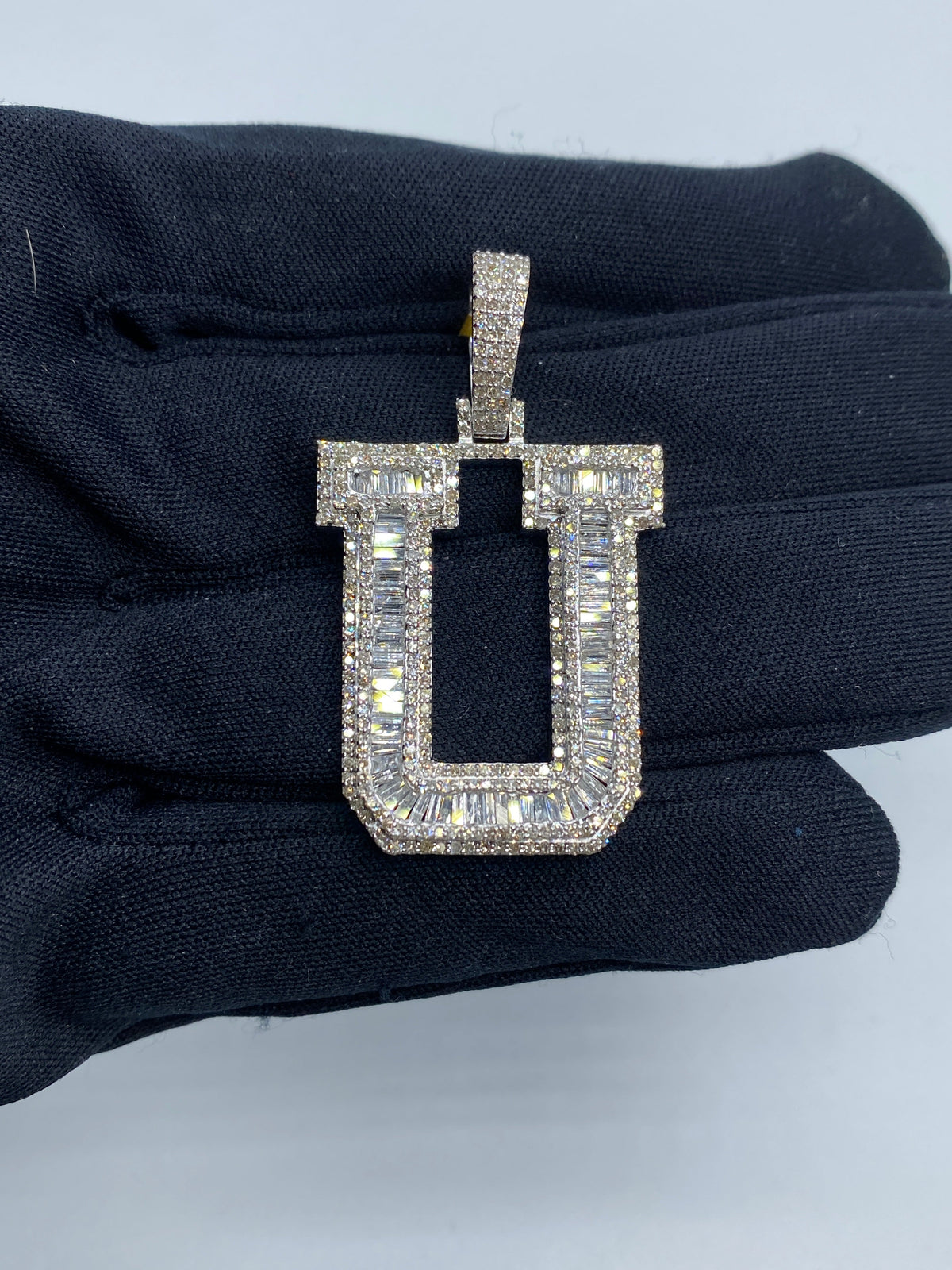 Initial U Baguette Diamond Pendant in white - close-up product photo
