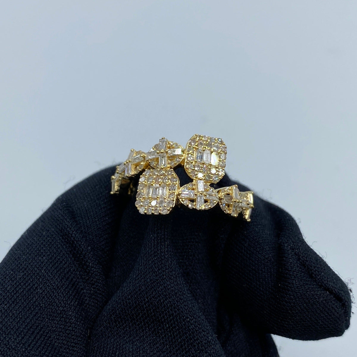 14K Gold Spiritual Bangle Diamond Baguette Ring in yellow gold - close-up product photo
