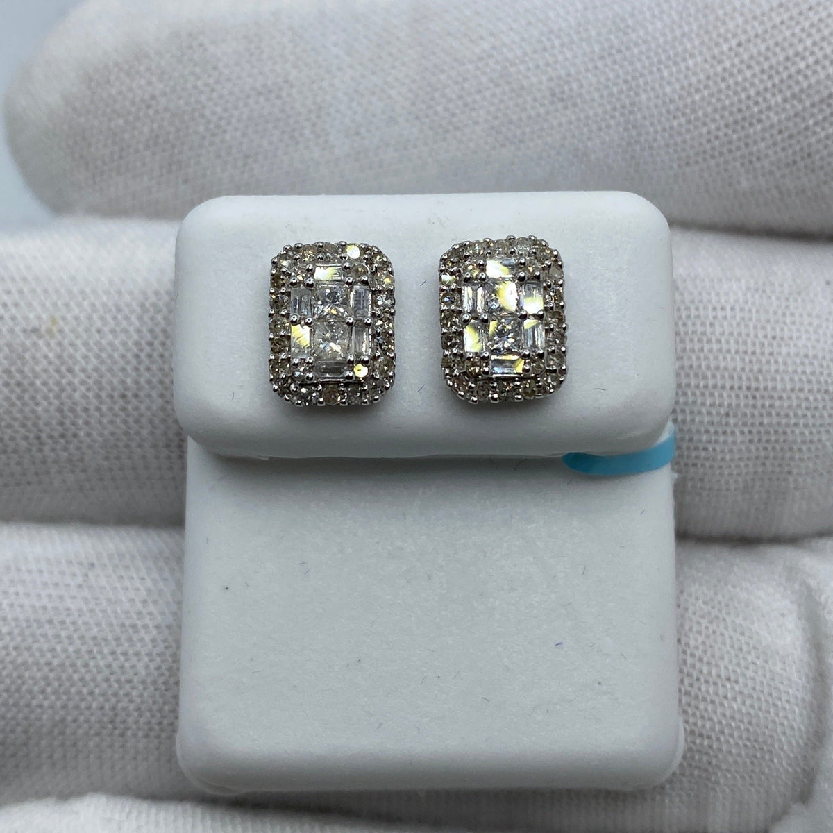 14K Gold Elias Rectangle Diamond Baguette Earrings in white gold - close-up product photo
