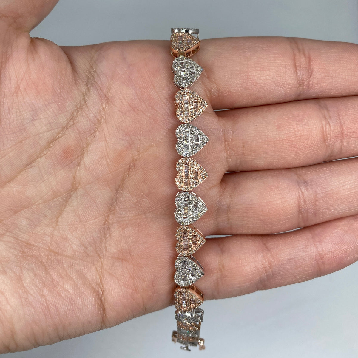 10K Gold 9mm Multi-Color Hearts Link Diamond Baguette Bracelet 6.5-7.5 in two-tone (white & rose), 6.5" - close-up product photo