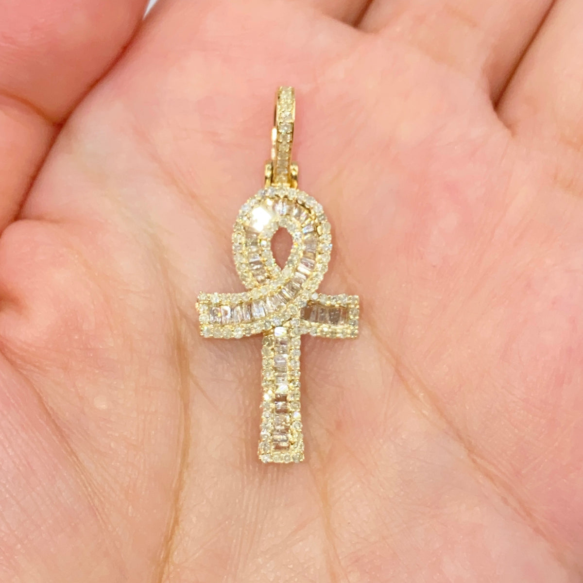 14K Gold Ankh Diamond Baguette Pendant in yellow gold - close-up product photo