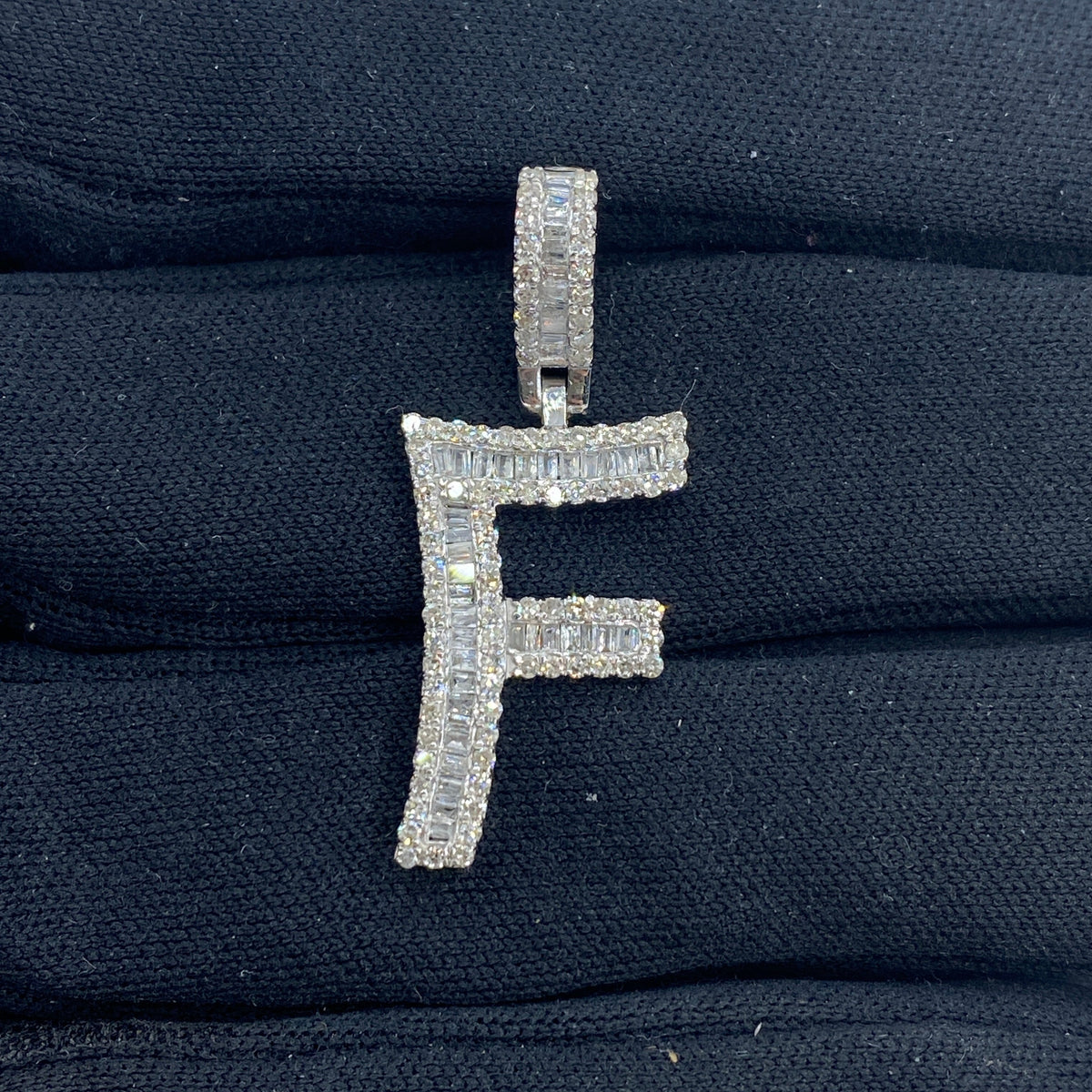 14K Gold Initial F Diamond Baguette Pendant in white gold, Small - close-up product photo